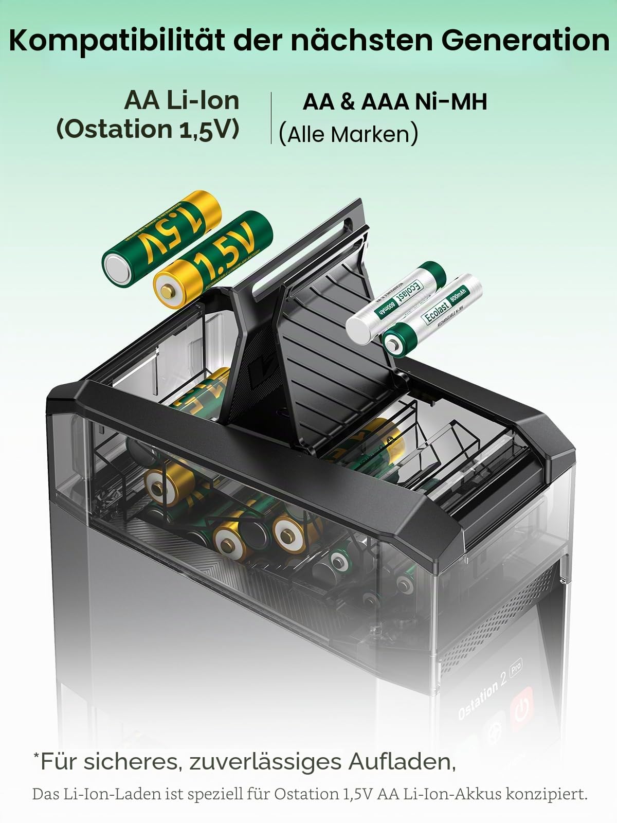 Ostation 2 Pro wiederaufladbare Batterien mit 3-in-1-Ladegerät, keine Polarität erforderlich, App-Fernbedienung, schnelles Aufladen, automatische Erkennung und Speicherung, Ladeanschlüsse für