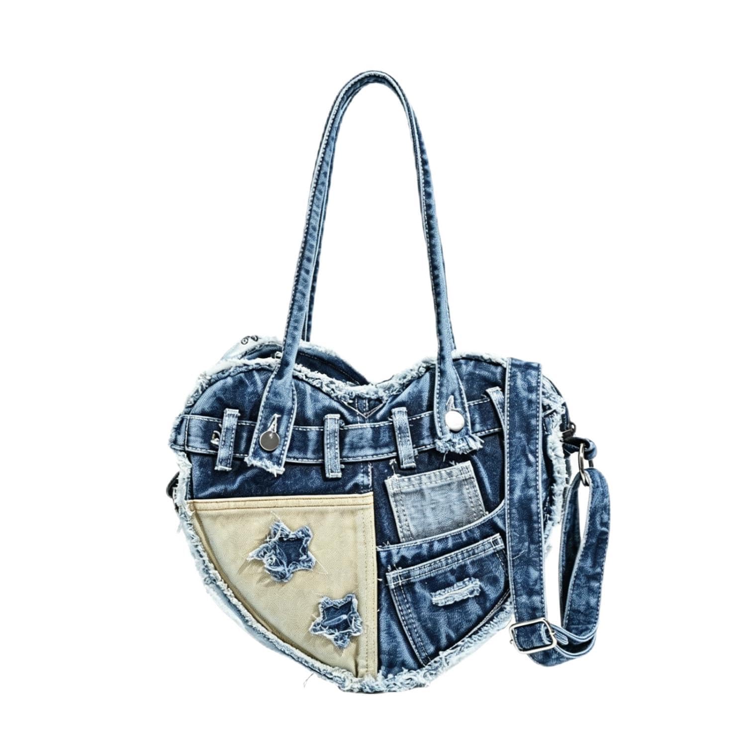 Borsa A Spalla Da Donna In Denim, Un'elegante Borsa Mano Forma Cuore Dal Sapore Rétro,Caratterizzata Design Patchwork Denim;Borsa Tracolla Stile Y2K, Perfetta Diverse Occasioni Casual