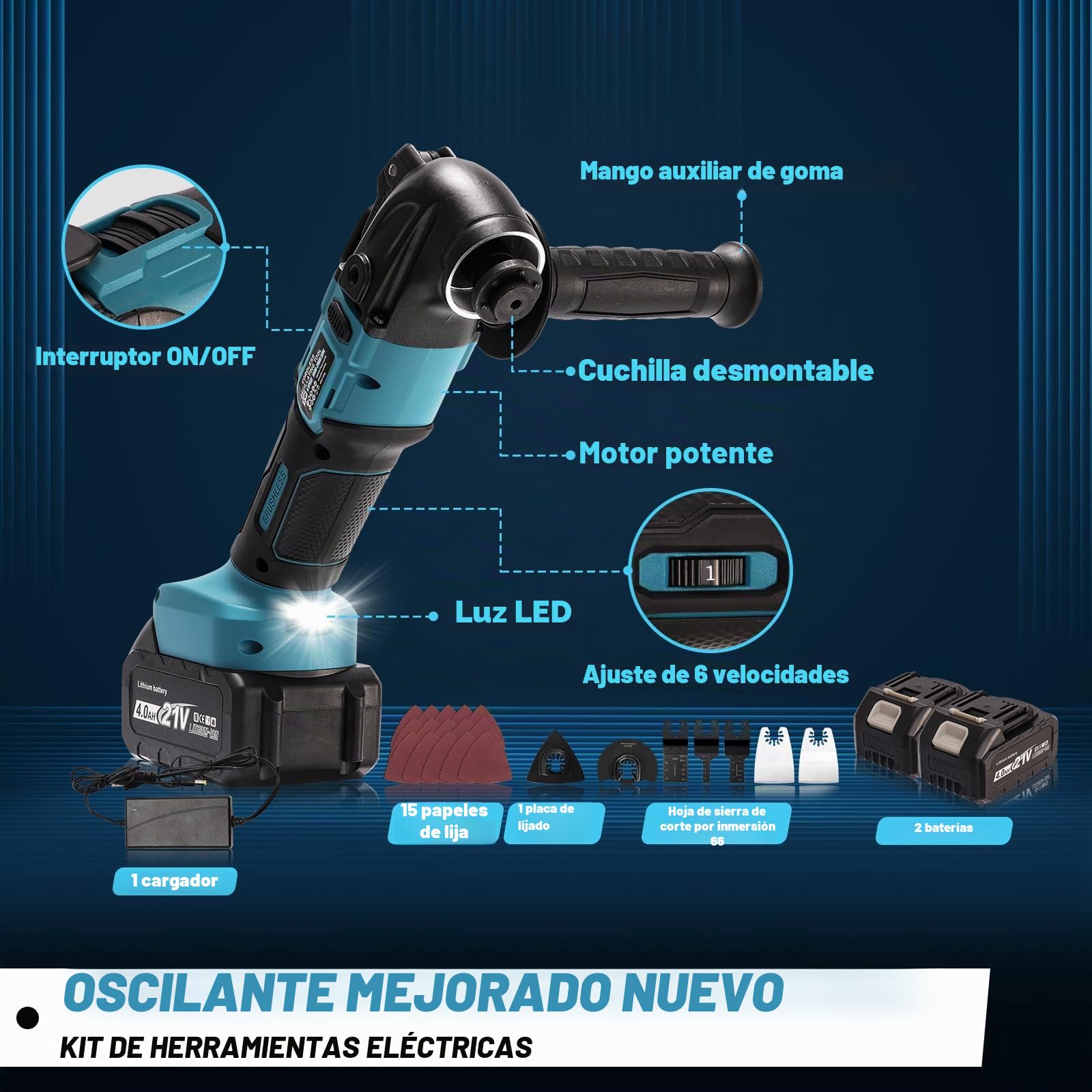 YEARTOP Multiherramienta Oscilante, Herramienta Multifunción Inalámbrica sin Escobillas para Baterías 21V 4000mAh 2PCS, Multiherramienta Oscilante Bateria kit de 26PCS, 6 Variables, 8500-22000RPM