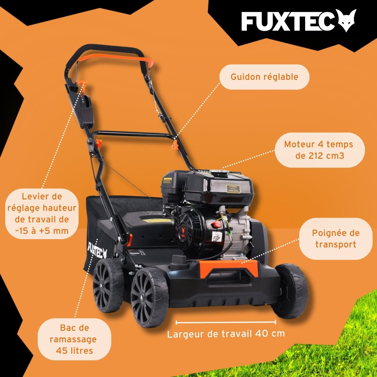 FUXTEC Scarificateur Aérateur Thermique 3en1 FX-BV240 Moteur 4 Temps 4,1kW Rouleau 18 Lames et 24 Griffes à Ressort Poignée de Transport et bac de ramassage de 45L