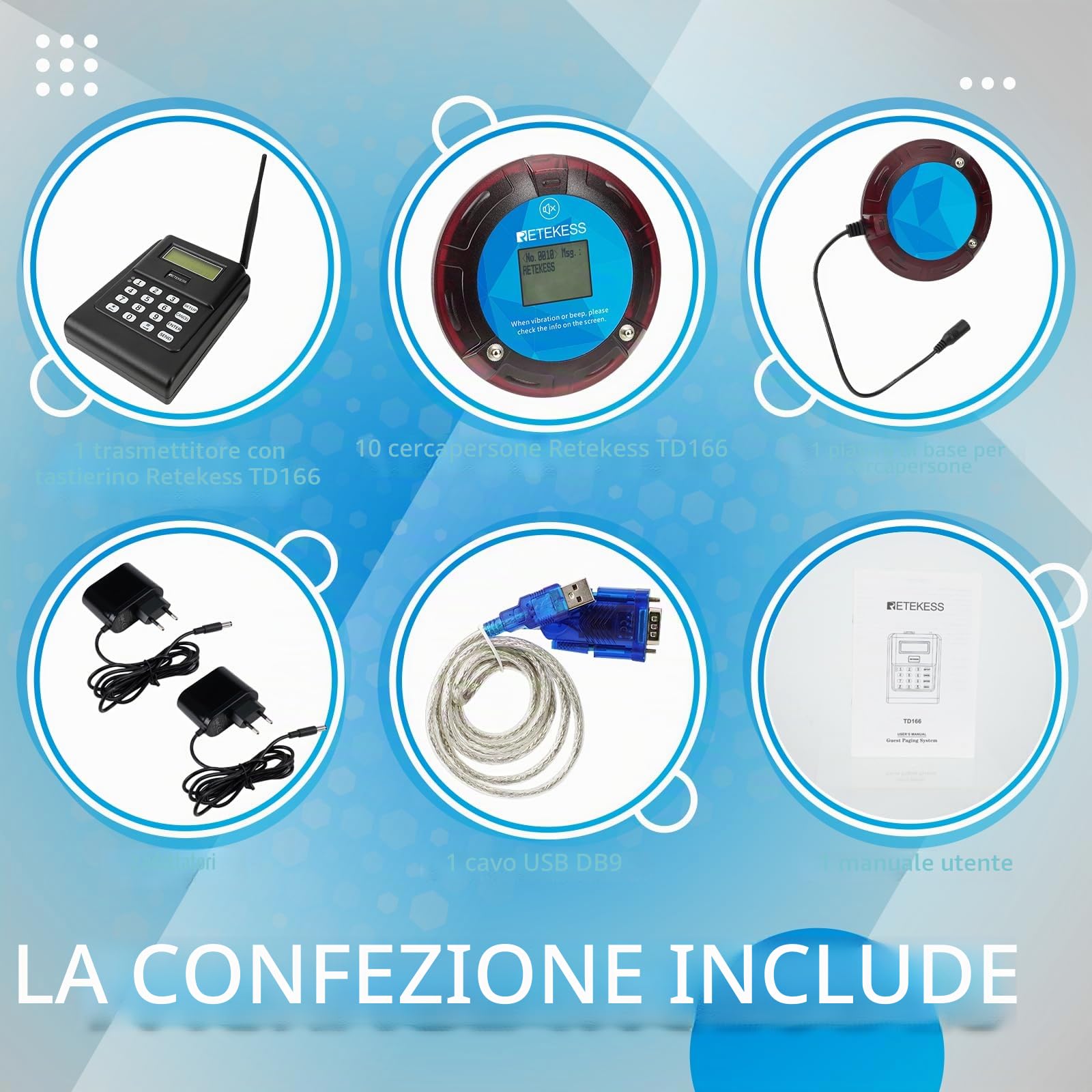 Retekess TD166 Pager Ristorante, Cicalino Ristorante, 10 Cercapersone | per Logistica, Magazzini, Terminali, 5000M All'Aperto, 550 mAh, con Display, Compatibile con il PC, Pager Sms