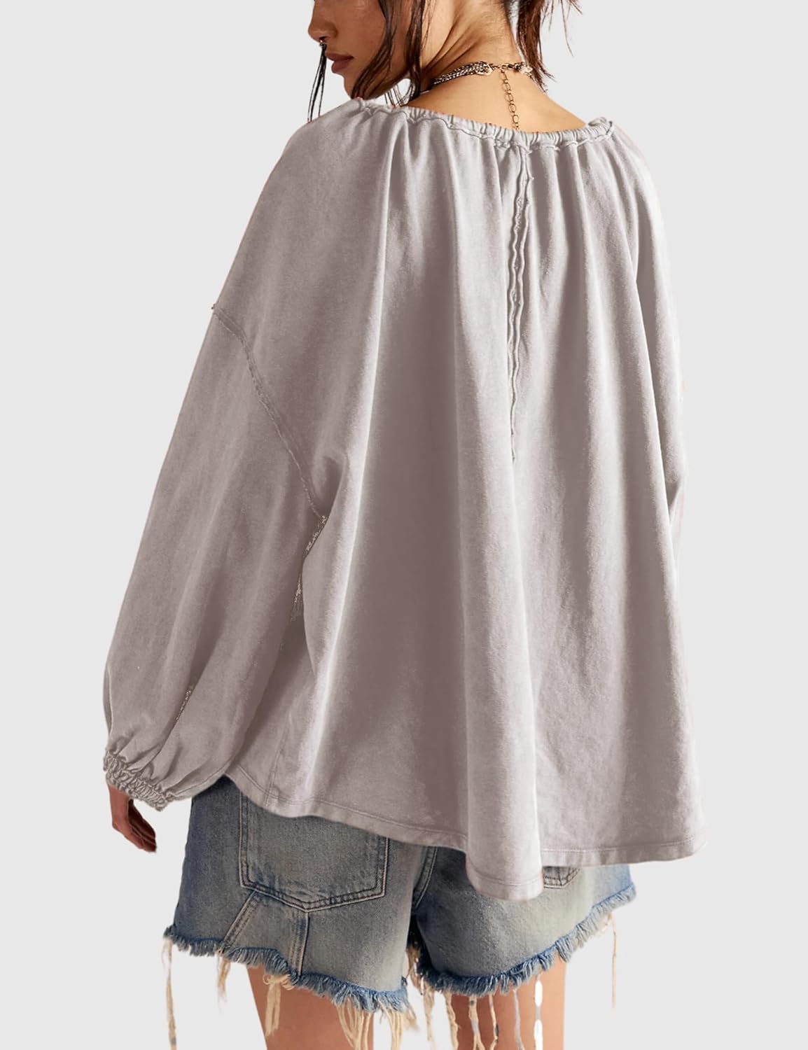 Esmeling Women Tie Neck Blouse Drawstring Balloon Long Sleeves Tops Loose Casual Solid Shirts - Image 2