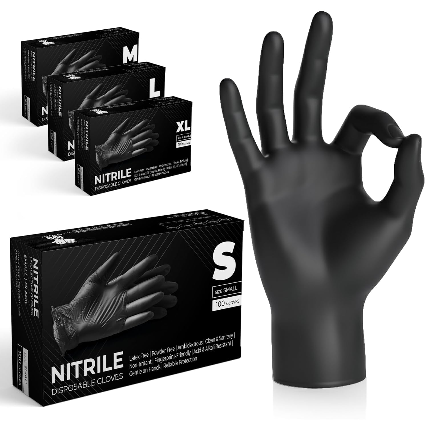 The Real Touch Black Nitrile Multi-Purpose Disposable Gloves, Powder Free, Disposable, Extra Strong - Box of 1000 (Black, Small)
