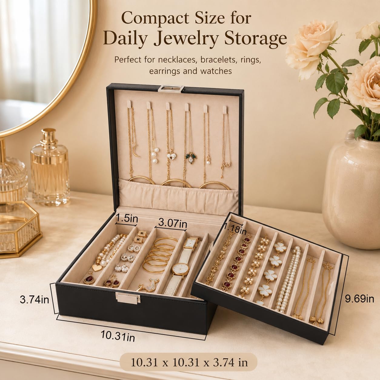 BEWISHOME Joyeros Mujer Organizador Caja Organizador de Collares para Cadenas, Pulseras - 12 Compartimentos (7 Regulares + 5 Grandes), 6 Ganchos, 2 Capas-Joyero Mujeres,Organizador Joyas Negro ESSH31B