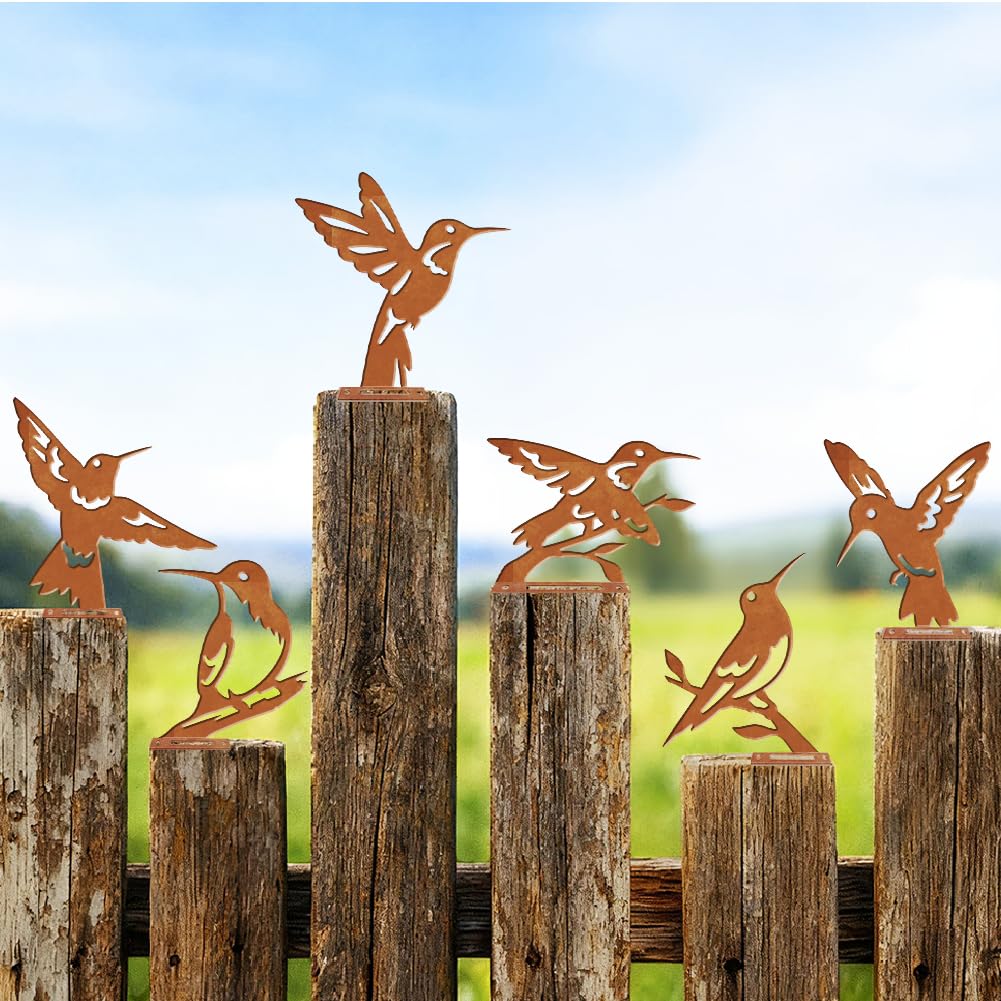 DOODLREAM 6 Pcs Hummingbirds Fence Decor, Outdoor Garden Metal Bird Decoration, Metal Art Ornament for Yard, Double-Side Design