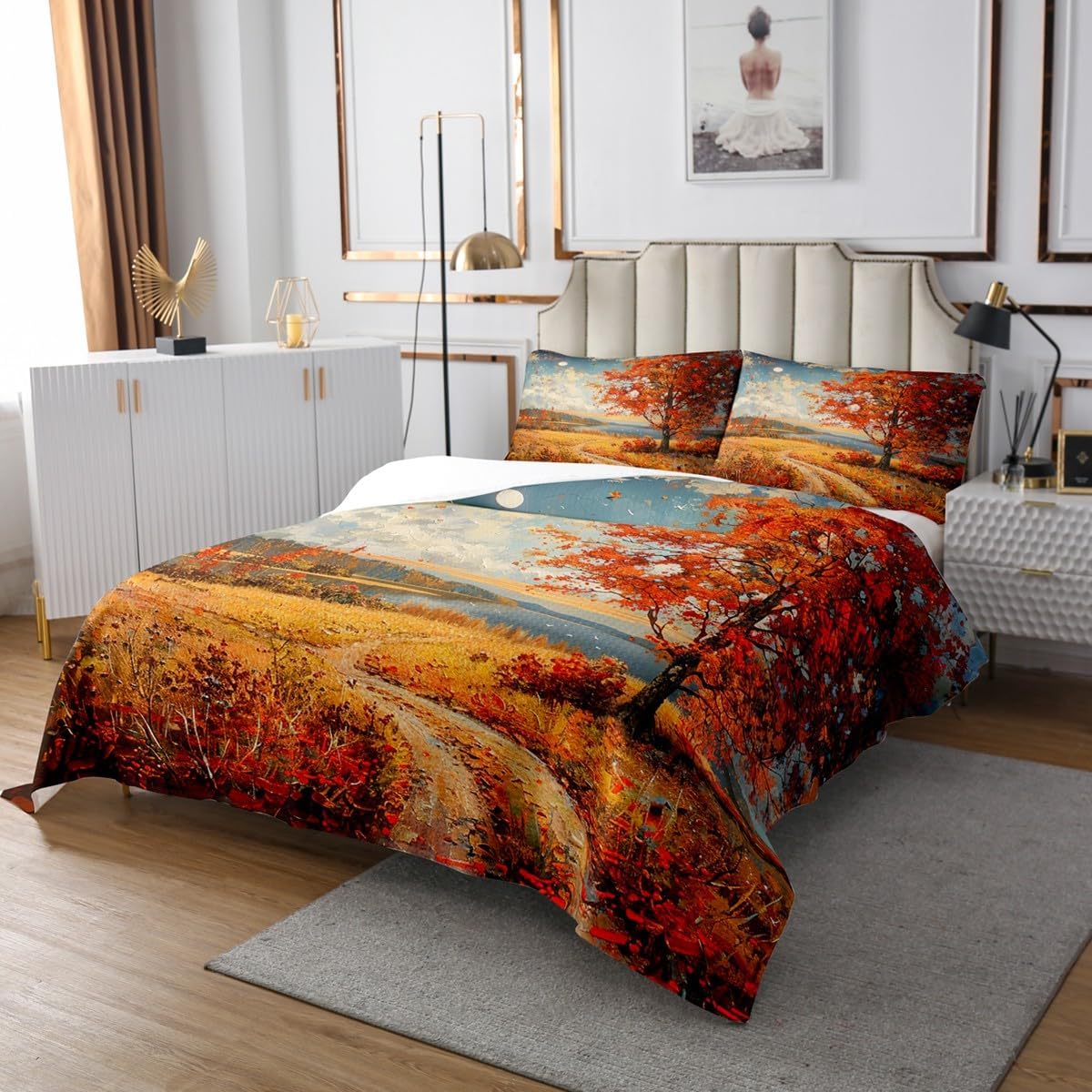 Rustic Fall Coverlet Set Queen Size,Orange Maple Leaves Tree Lake Natural Durable Bedspread for Girls Teens,Country Road Farmhouse Oil Painting Soft Polyester Quilt Set, with 2 Pillowcases