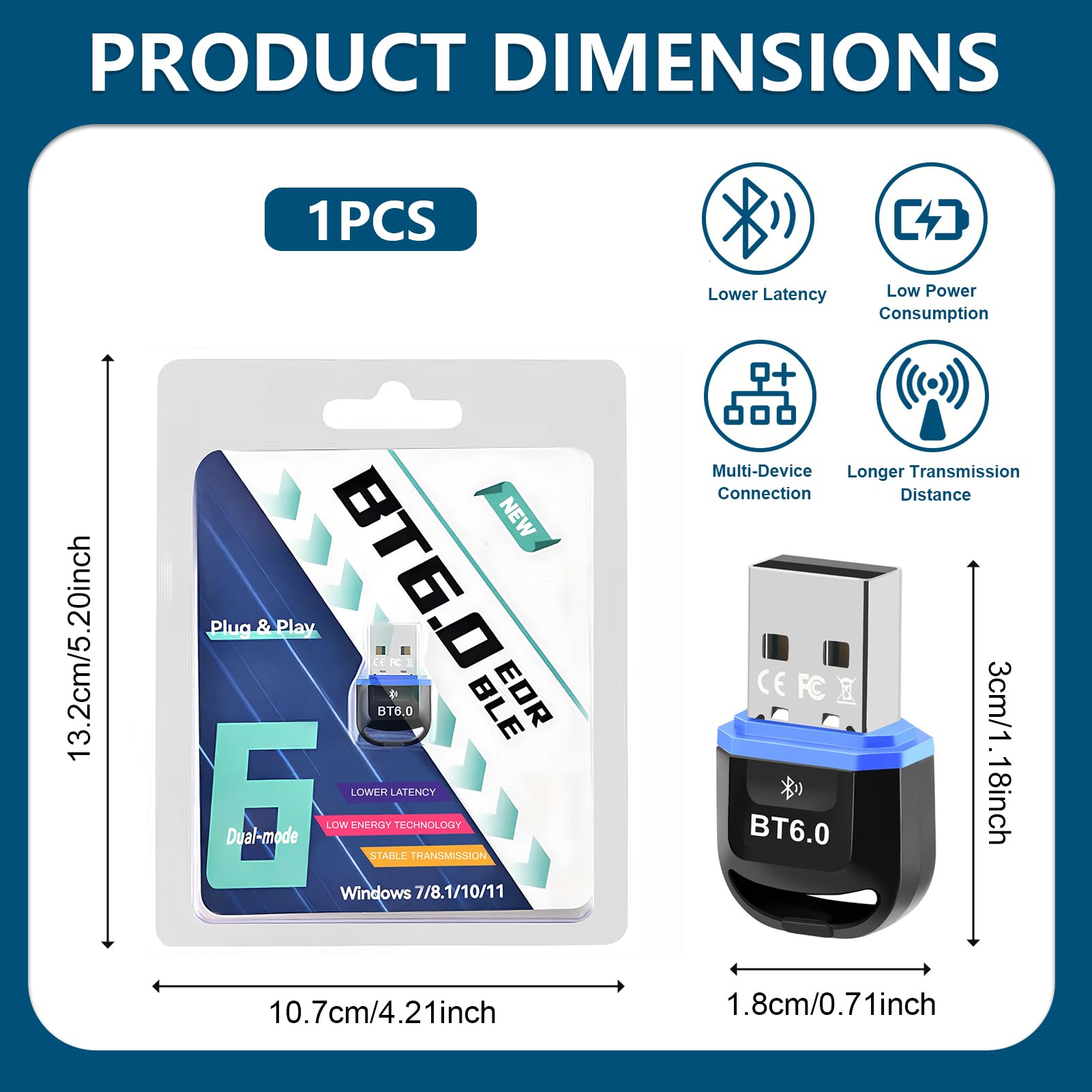Adattatore Bluetooth USB 6.0,Chip Intelligente,Bassa Latenza,Plug Play Dongle Bluetooth, Compatibile con Windows 11/10/8.1/7,Audio Surround,Collega Fino a Sette Dispositivi Contemporaneamente