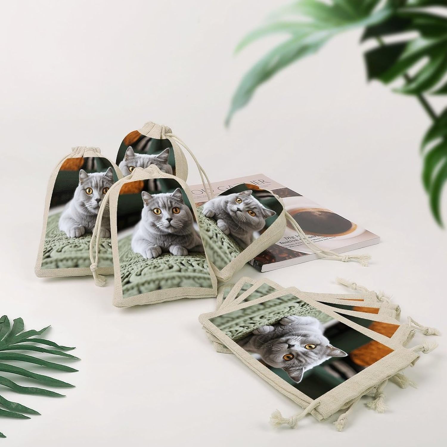 FekiLoot Cat on Carpet Cotton Linen Drawstring Bags Pack of 8 image 4