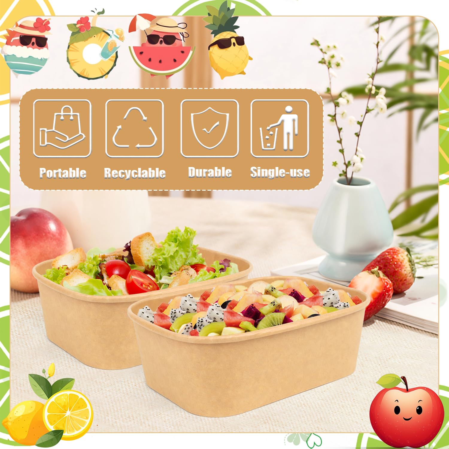 Contenitori per alimenti usa e getta, 50 pezzi, 540 ml, contenitori di carta usa e getta per la preparazione dei pasti con coperchio, contenitori per alimenti in carta, contenitori usa e getta per il