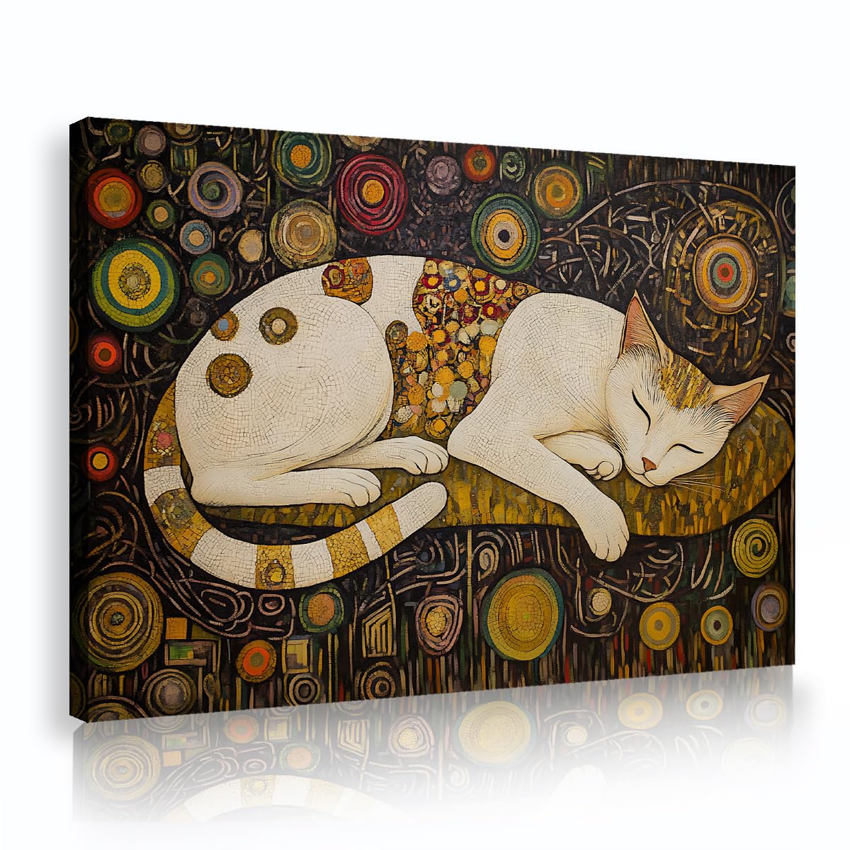 Via Vela Fbh03 Gustav Klimt Style Canvas Wall Art Mosaic Sleeping Cat Abstract Geometric Animal Painting Gold Spiral Mosaic Picture Cute Kitten Poster For Bathroom Entryway Decor 70X105cm