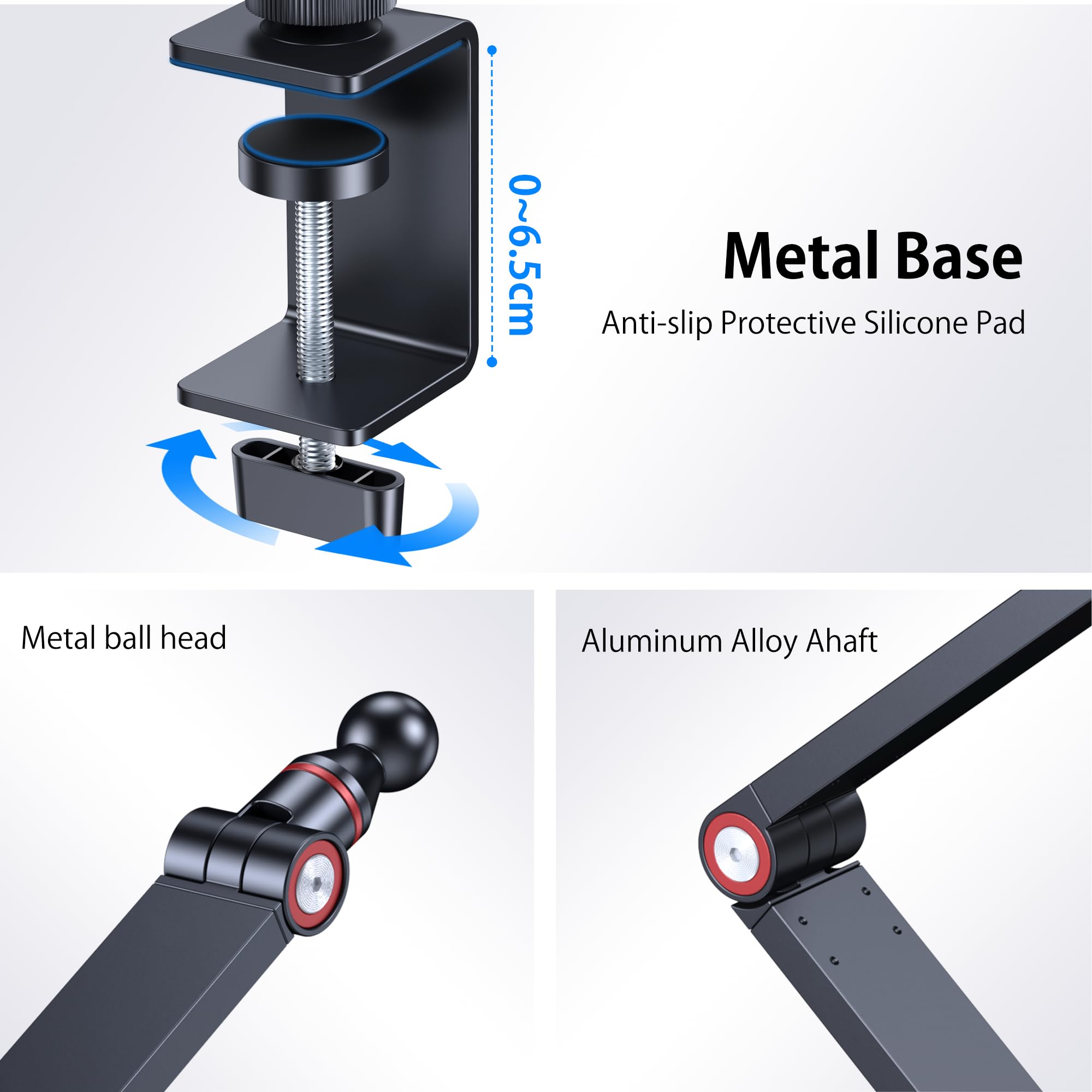Stojak na tablet, aluminiowy uchwyt na iPad do biurka, regulowany uchwyt z mocowaniem zaciskowym z obrotową podstawą 360°, kompatybilny z iPad Pro/Air/Mini 4.7''-13'', iPhone, Kindle, Fire HD
