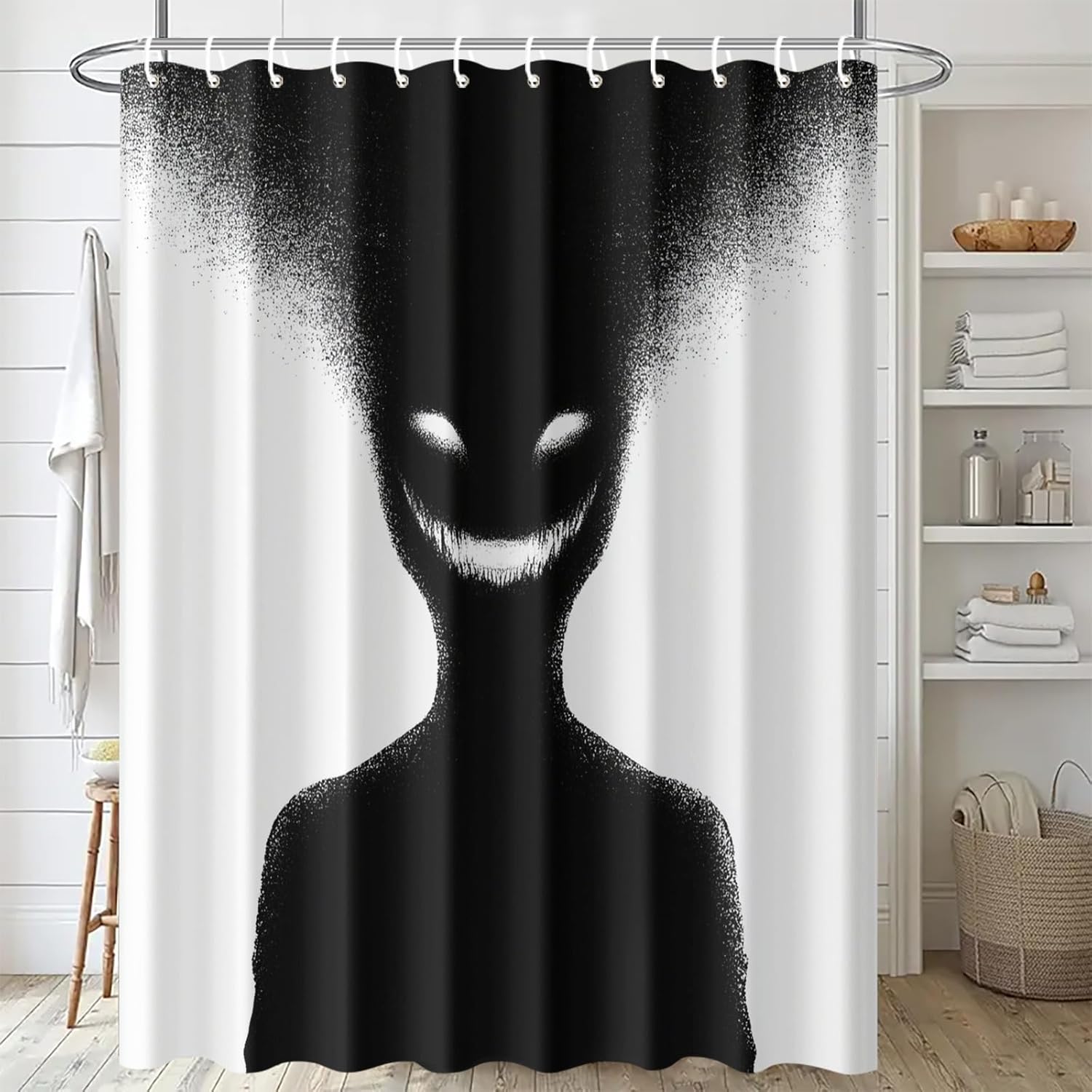 Creepy Shadow Shower Curtain 72x72 Inch with Hooks Horror Smiling Face Silhouette Design Fabric Bathroom Decor with Spooky Black and White Theme for Gothic Bathtub