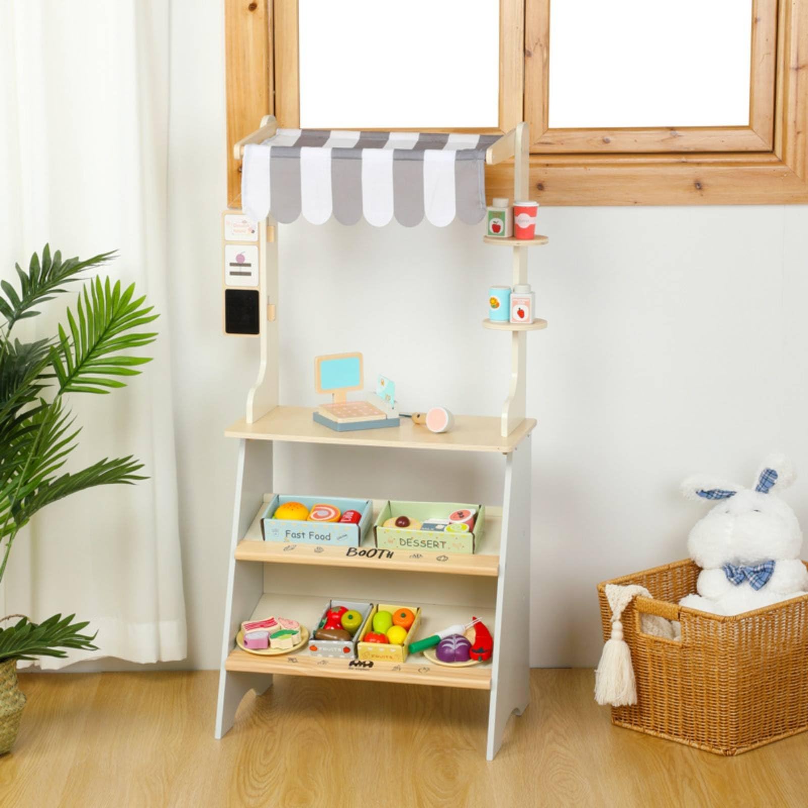 Kinder Kaufladen Holz Spielstand Rollenspielgarnitur mit Registrierkasse Und Lebensmittelzubehör Lernsituation für Kommunikative Entwicklung für Gemeinschaftsräume Kinderpartys