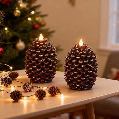 Miniatura 5 de Eldnacele Velas sin llama con cono de pino que funcionan con pilas con temporizador de 6 horas, sin perfume, cera real, mecha plana, piña,