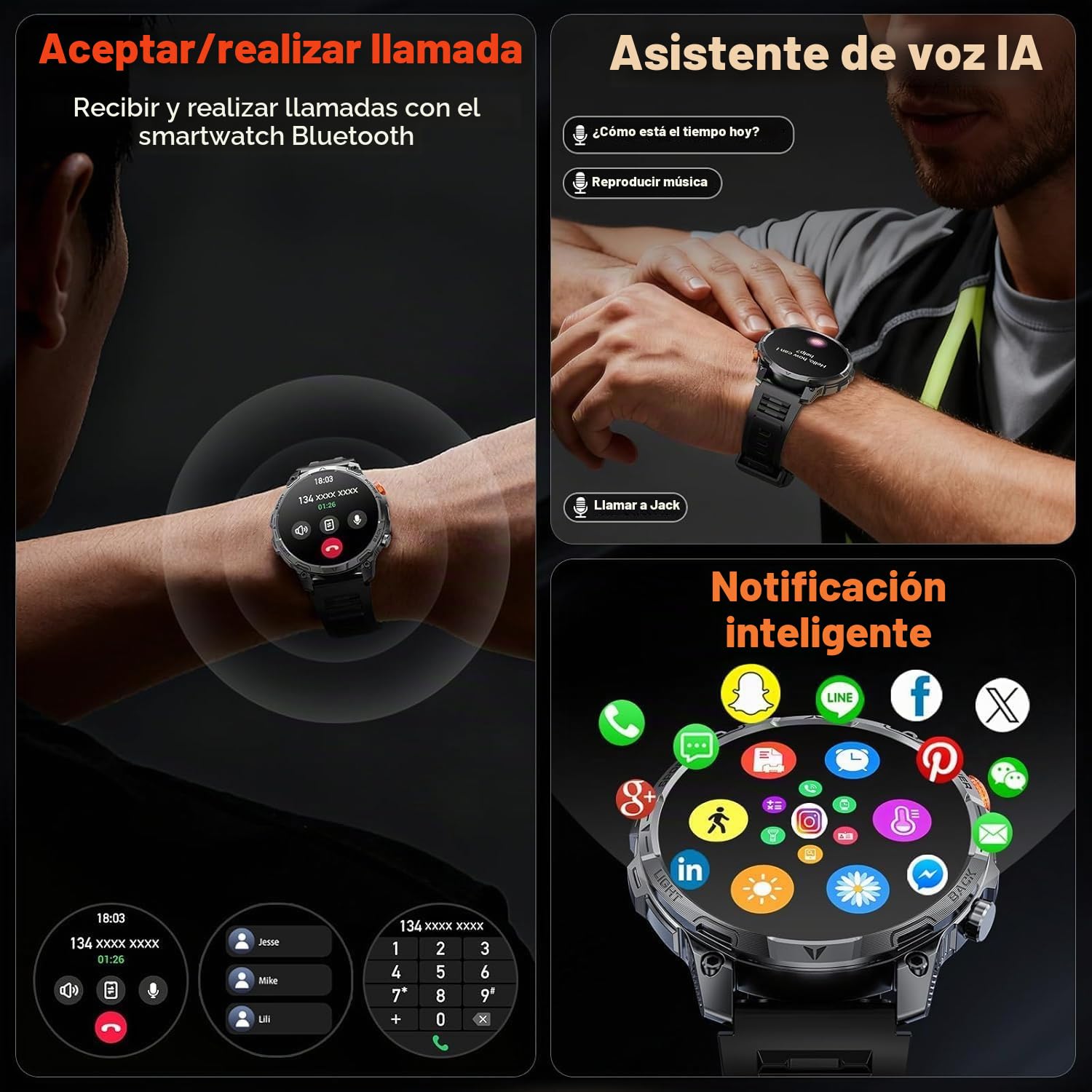 Reloj Inteligente Hombre con LED Linterna,1000mAh/IP68 Impermeable/1,75" HD Militar Smartwatch con Llamadas,110+ Modos Deportivos/24/7 Pulsómetro/Sueño/Podómetro Pulsera Actividad Android iOS