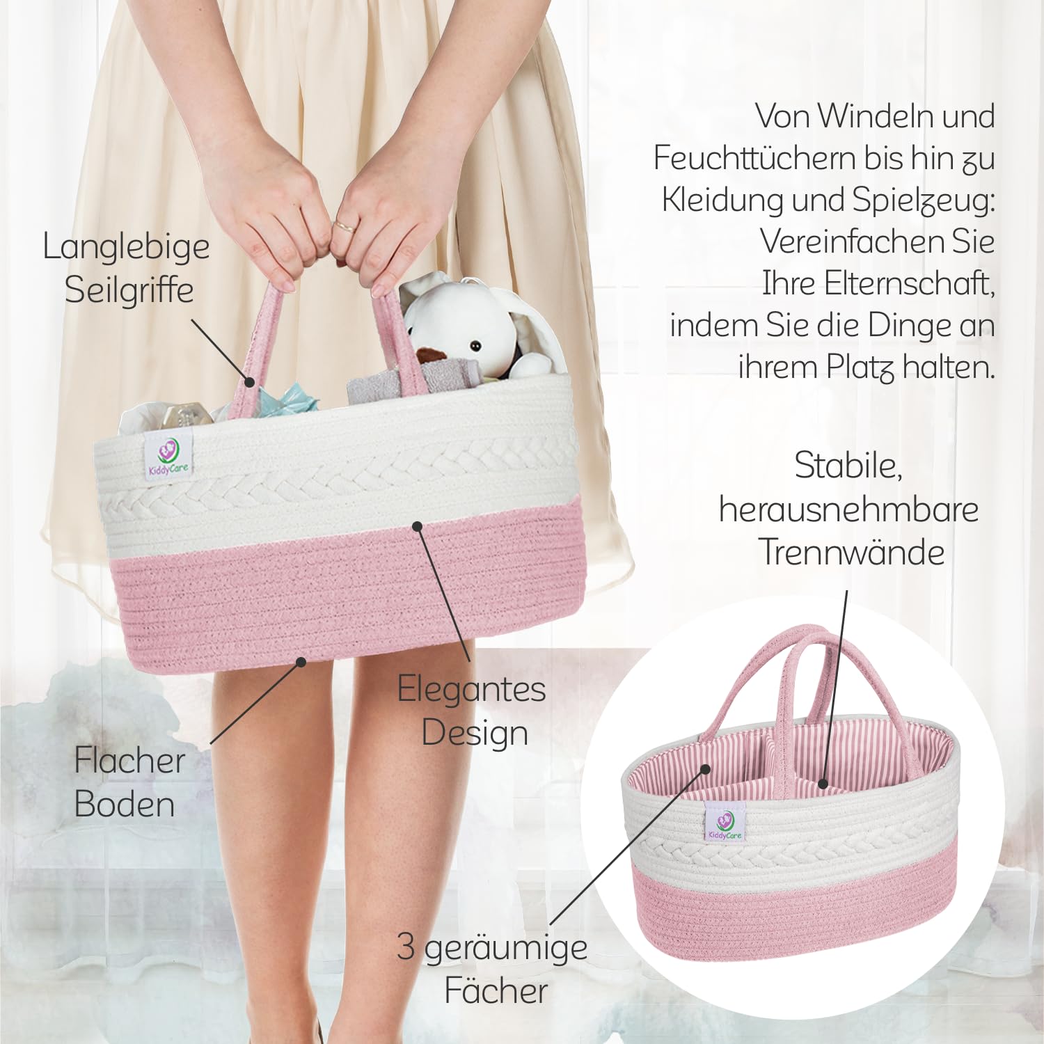 KiddyCare - Vielseitiger Wickelkorb und Windel-Organizer aus 100% Baumwolle und Gewebtem Seil, 3 Herausnehmbare Fächer, Ideal für Unterwegs, Babyshower Geschenk [Pink, Normale Größe]