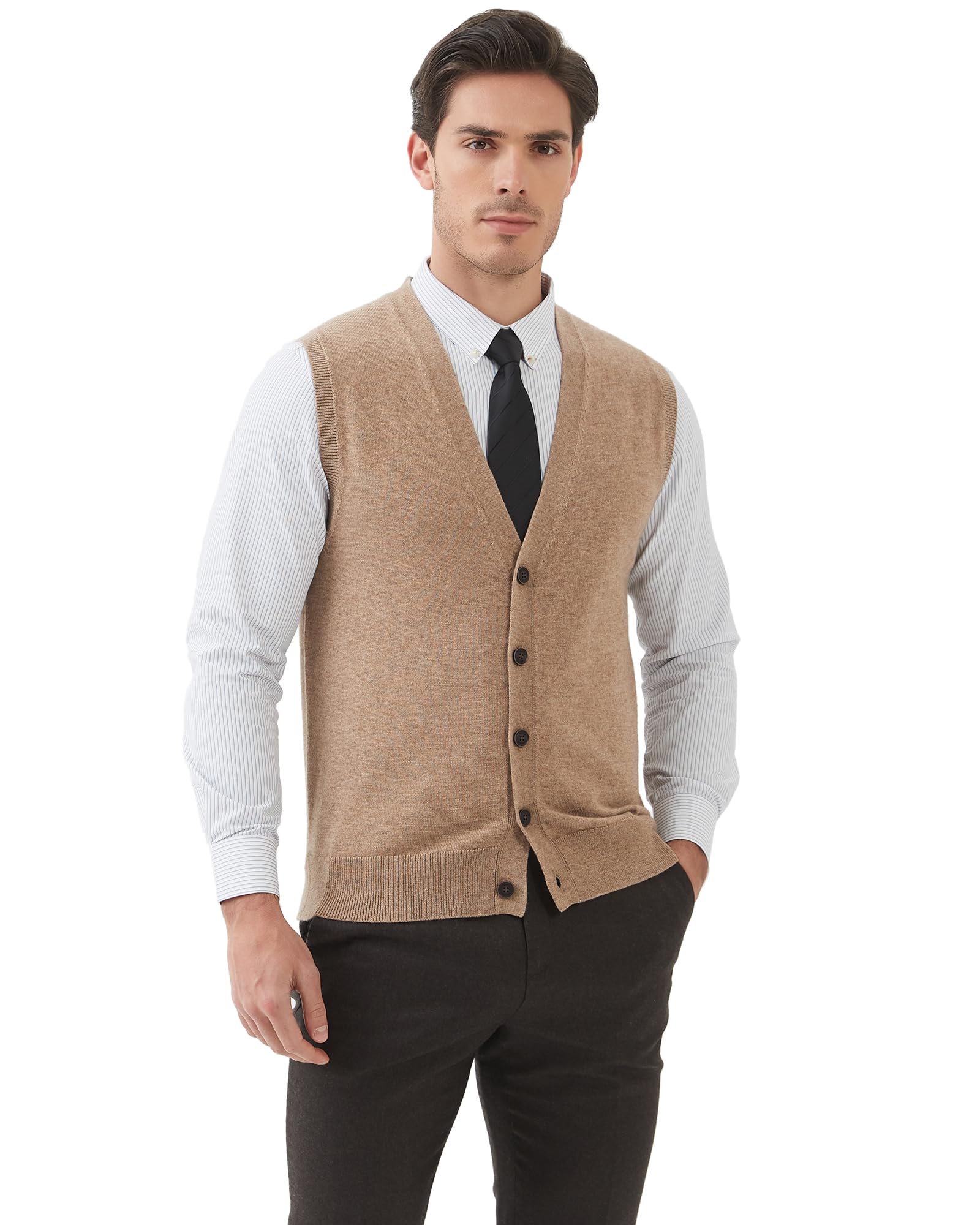 Kallspin Cardigan Homme Mélangé de Laine sans Manches et Col en V Profond Tricoté avec des Boutons