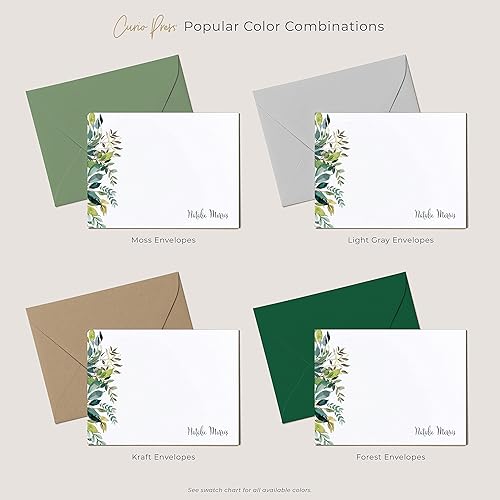 Miniatura 4 de Personalized Floral Stationery Set, 4.25 x 5.5 or 5x7 Notecards with Envelopes, Green and Blue Florals, Elegant Script Font, Verdant Flat