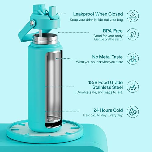 Miniatura 886 de ENCOOL Botella de agua aislada con popote, de acero inoxidable, a prueba de fugas, sin BPA, al vacío de doble pared que se mantiene fría durante 24