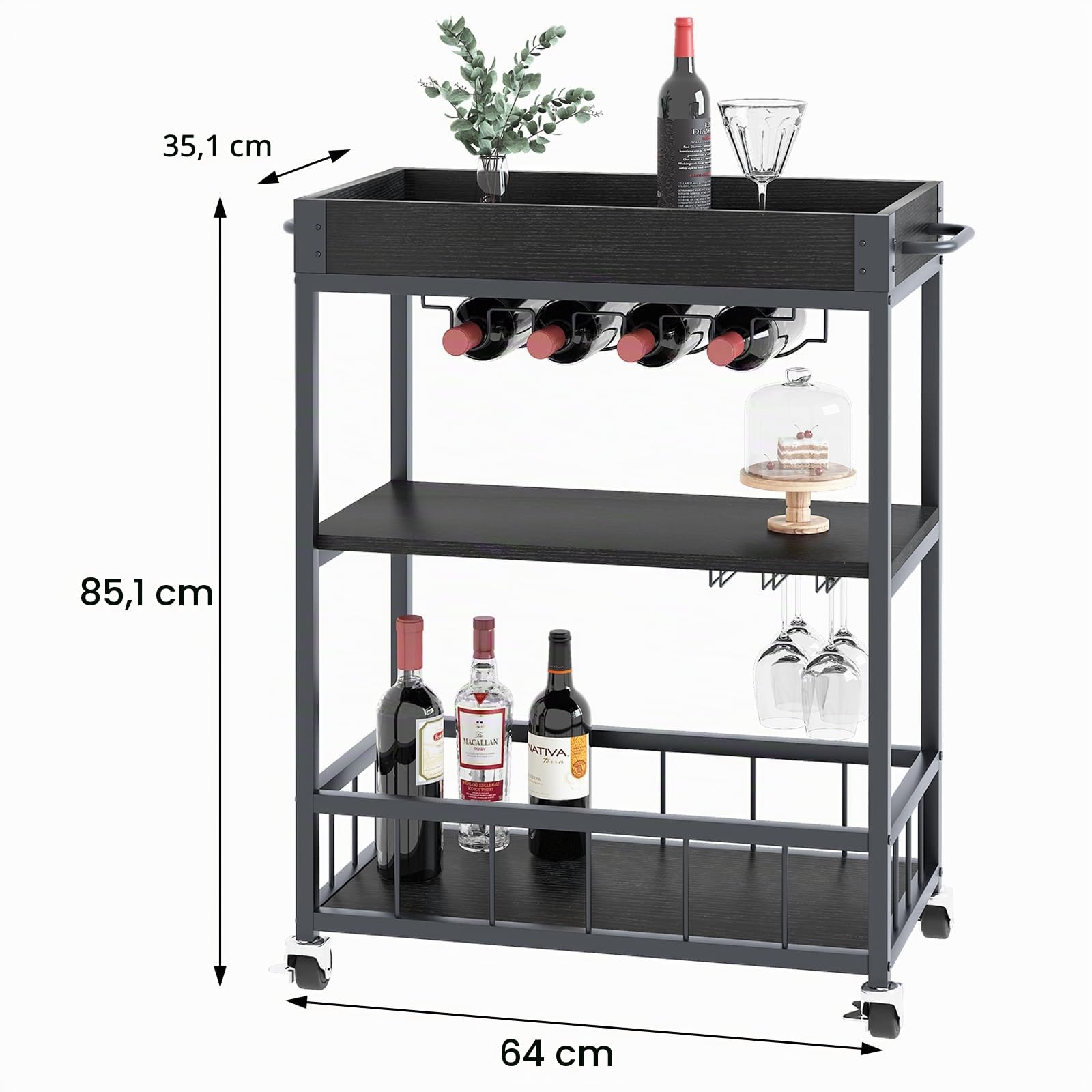 Huhote Chariot de Service, Chariot de Cuisine, Chariot de Bar avec roulettes, Chariot à vin avec Porte-Bouteille, 3 étages, Chariot à Boissons pour Salon, Salle à Manger, Cuisine, Bar, fête, Grain de