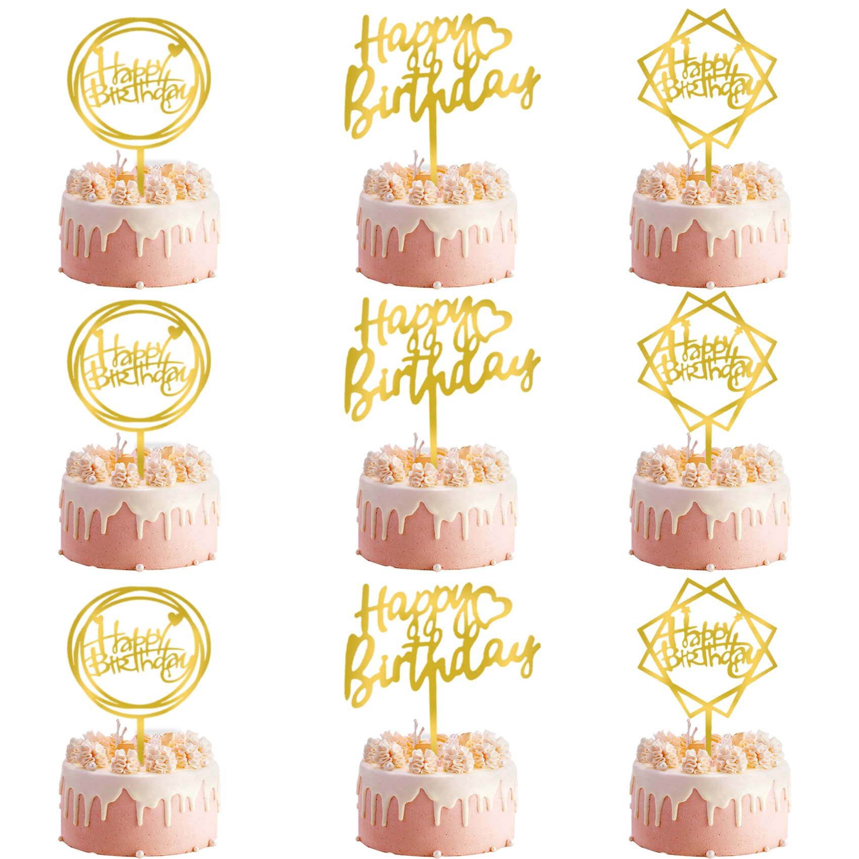 9-Pack Happy Birthday Cake Toppers, Gold Cake Topper, Cake Decorations, Happy Birthday Decorations, Cake Toppers Happy Birthday, Gold Happy Birthday Cake Topper, Gold Cake Decorations