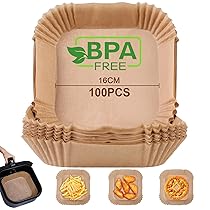 AiQInu Carta Forno per Friggitrice ad Aria,100 Pezzi 16-20 cm Carta Pergamena Quadrata Food-Grade BPA Free, Antiaderente Carta per Friggitrice ad Aria Facile da Pulire per 3-4.5L Friggitrice ad Aria