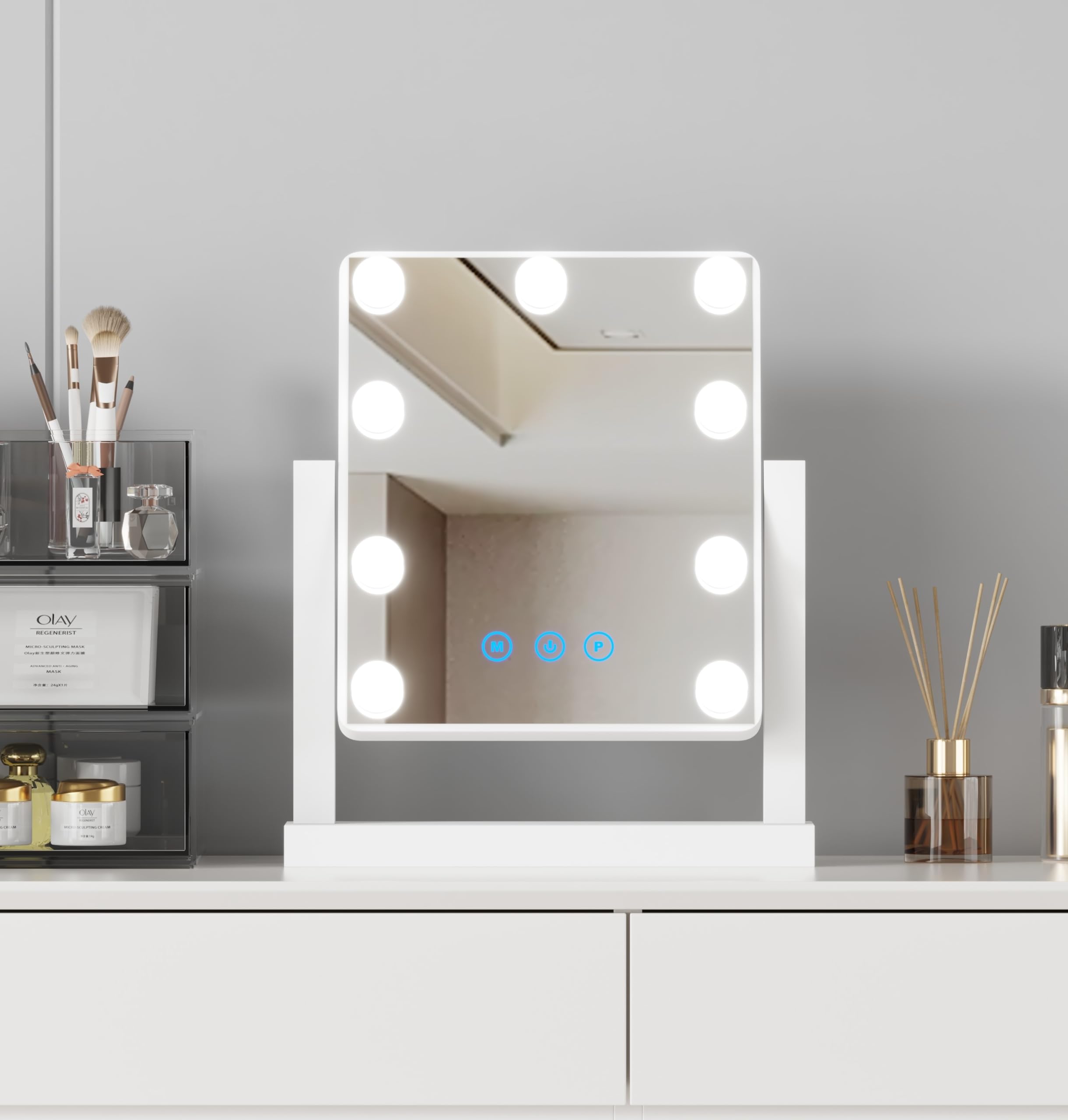 Avc Designs White Hollywood Vanity Cosmetic Mirror With Led Lights, Makeup Mirror With Dimmable Bulbs And 3 Lighting Modes Size 9