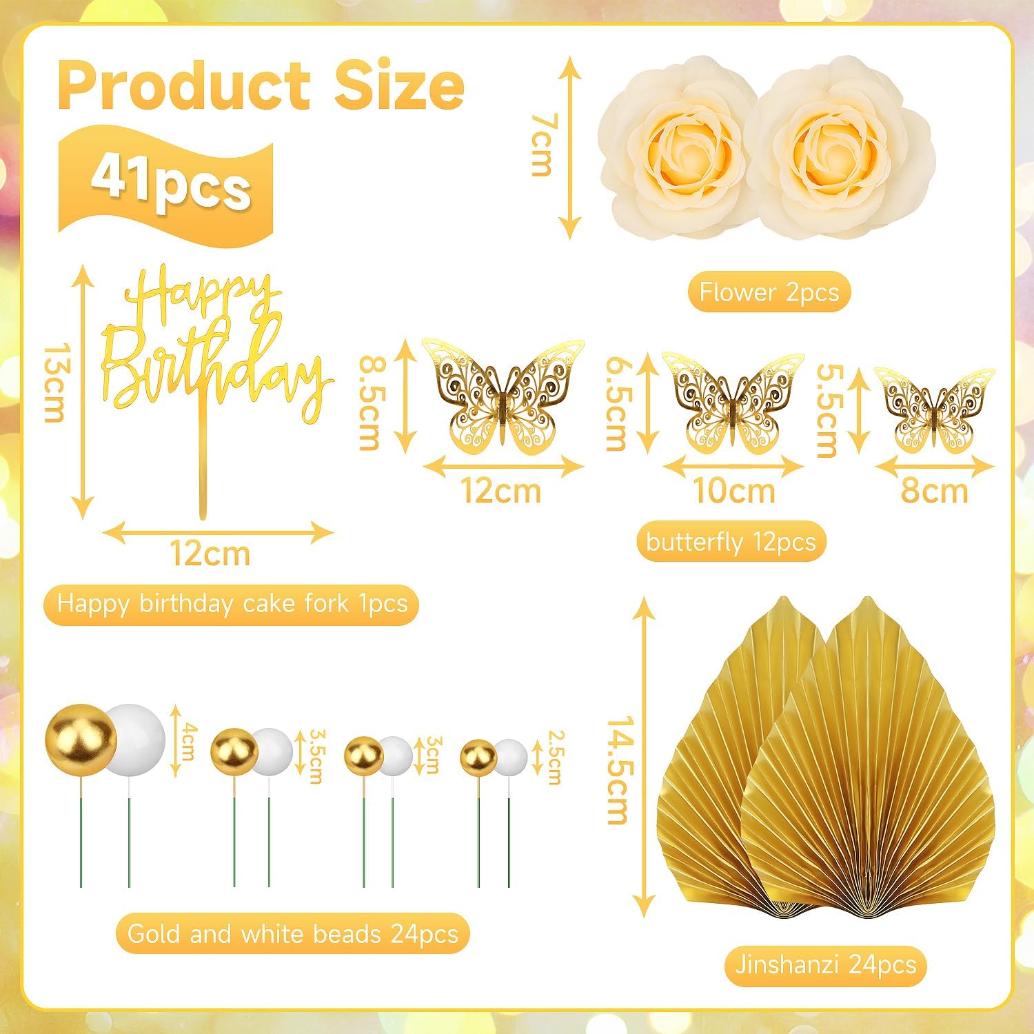 OWill 41PCS Cake Decorating Kit: White Gold & Pink Mixed Cake Decorations for Weddings & Formal Events