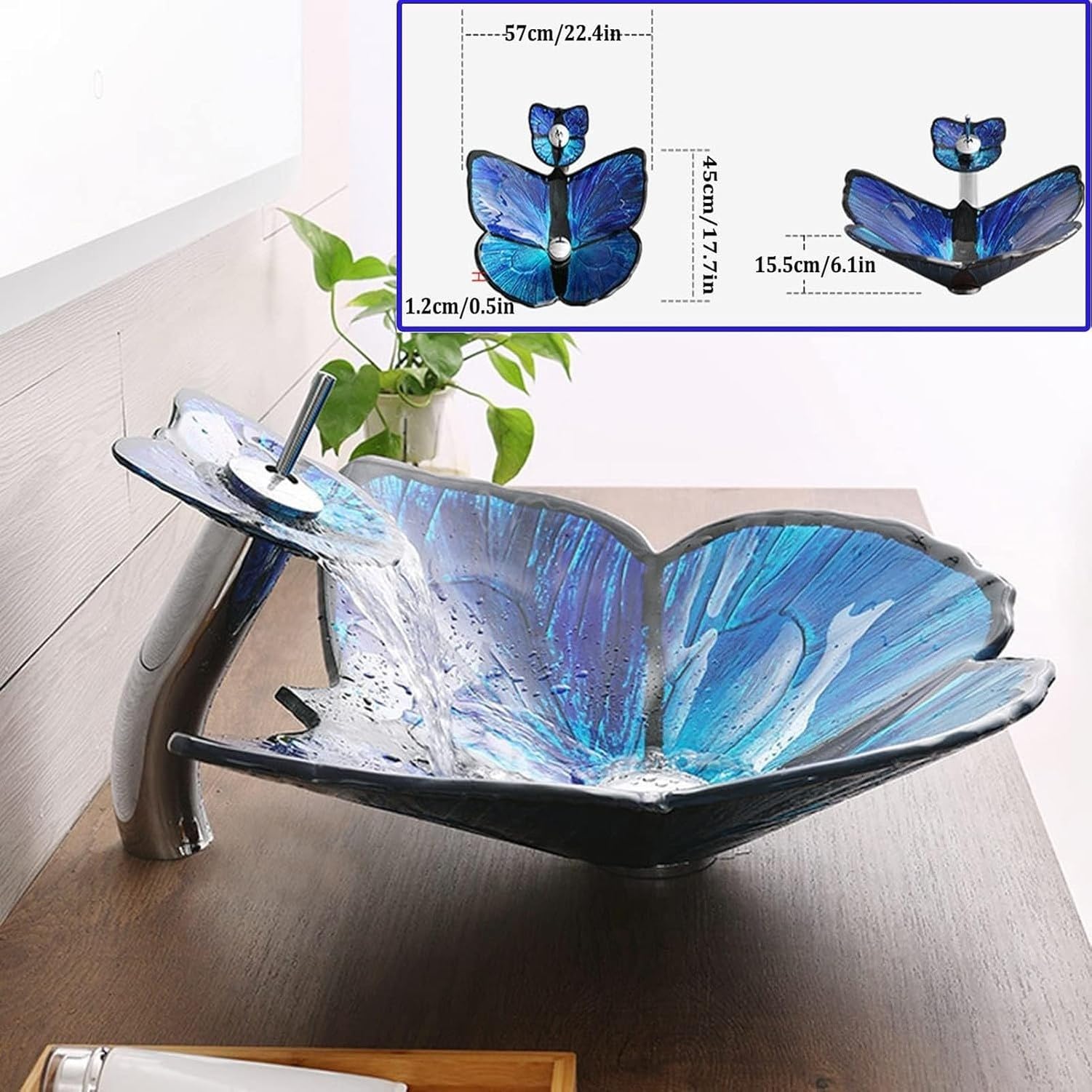 Lavabo de vidrio templado sobre encimera con grifo, Azul, 57x45x15.5cm