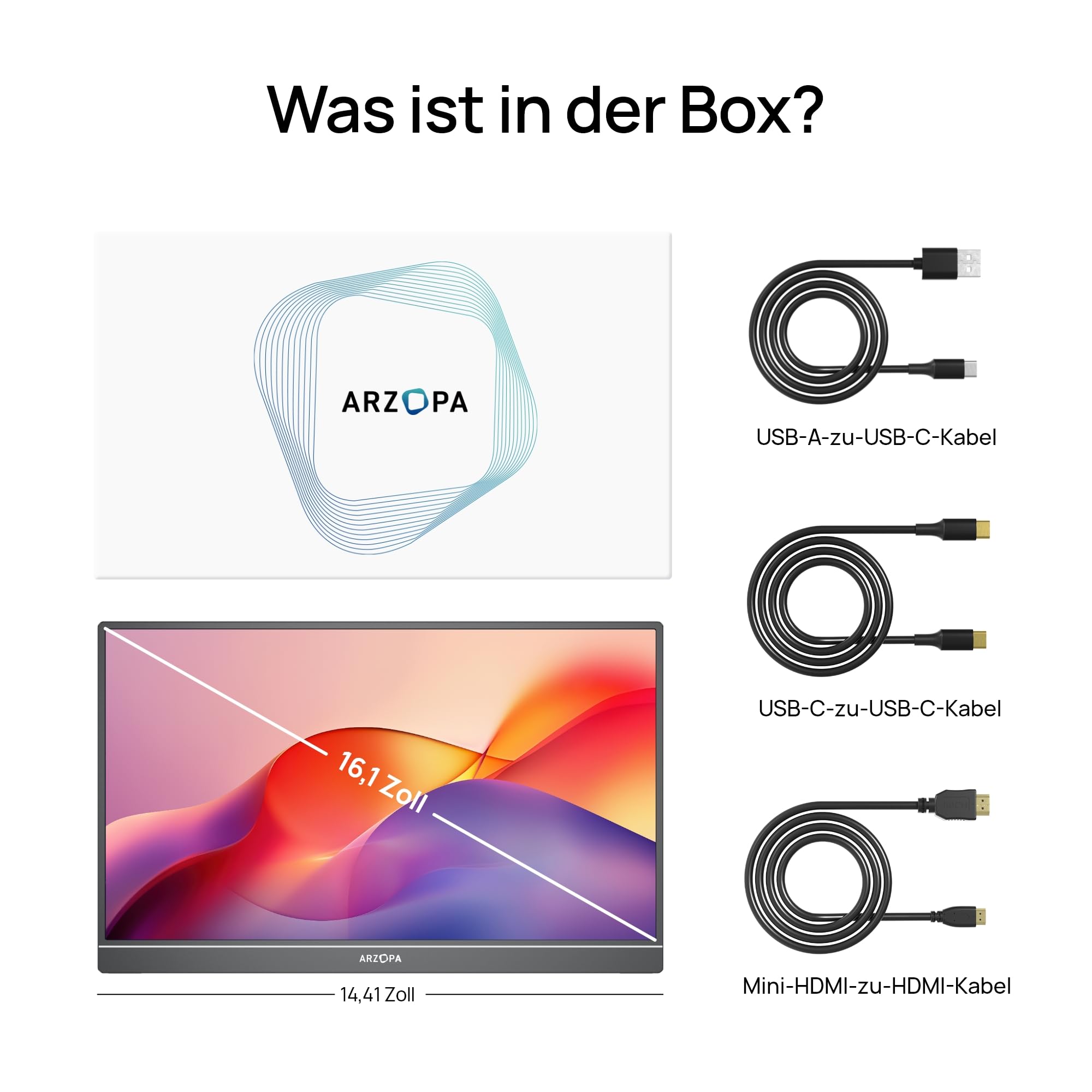 ARZOPA 16.1 Zoll Tragbarer Monitor FHD IPS 100% sRGB HDMI USB-C Gaming Bildschirm