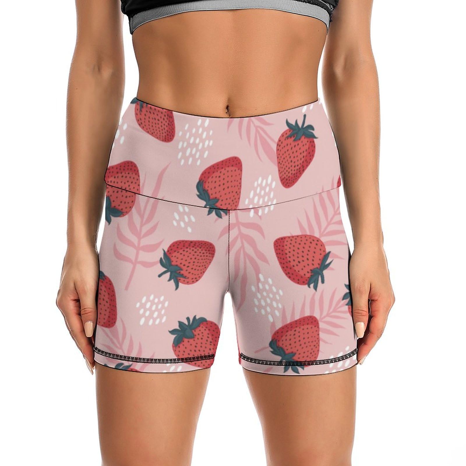 JYYAU Strawberries and Green Leaves Pattern High Waist Yoga Shorts for Women Athletic Shorts Leggings Running Pants