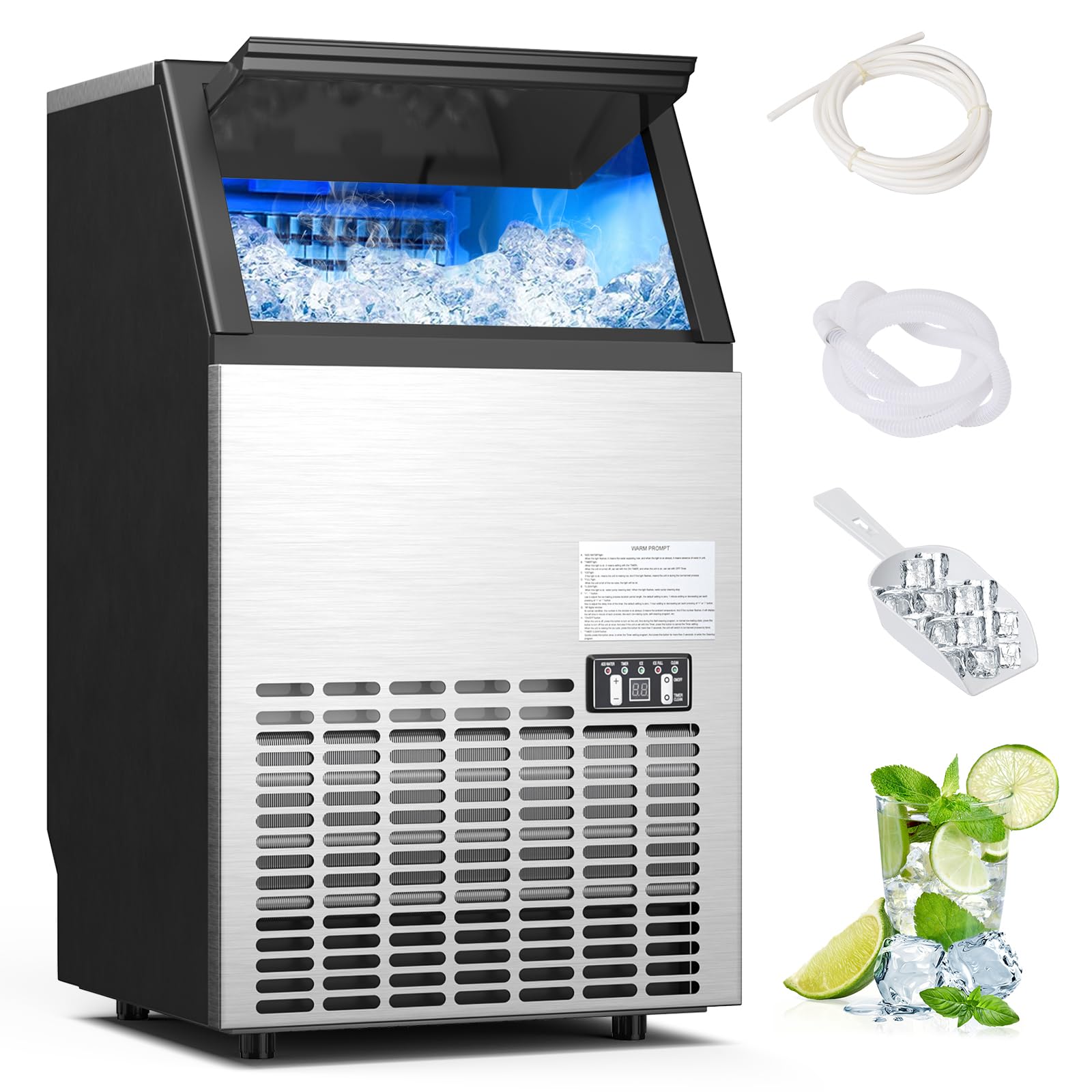 COSTWAY Commercial Ice Maker Machine, 110LBS/24H Stainless Steel Under Counter/Freestanding Self Cleaning Ice Machine w/ 33LBS Ice Storage Capacity & 24H Timer for Home Bar Restaurant Office