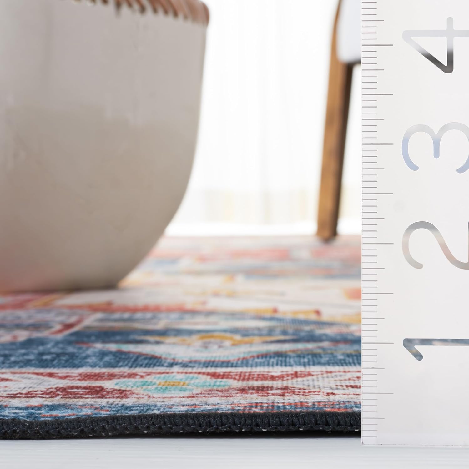 SAFAVIEH Washable Rug Tucson Collection - 6' Square, Blue & Rust, Slip Resistant & Easy to Clean, Ideal for Living Room, Bedroom, Dining Space (TSN116M)