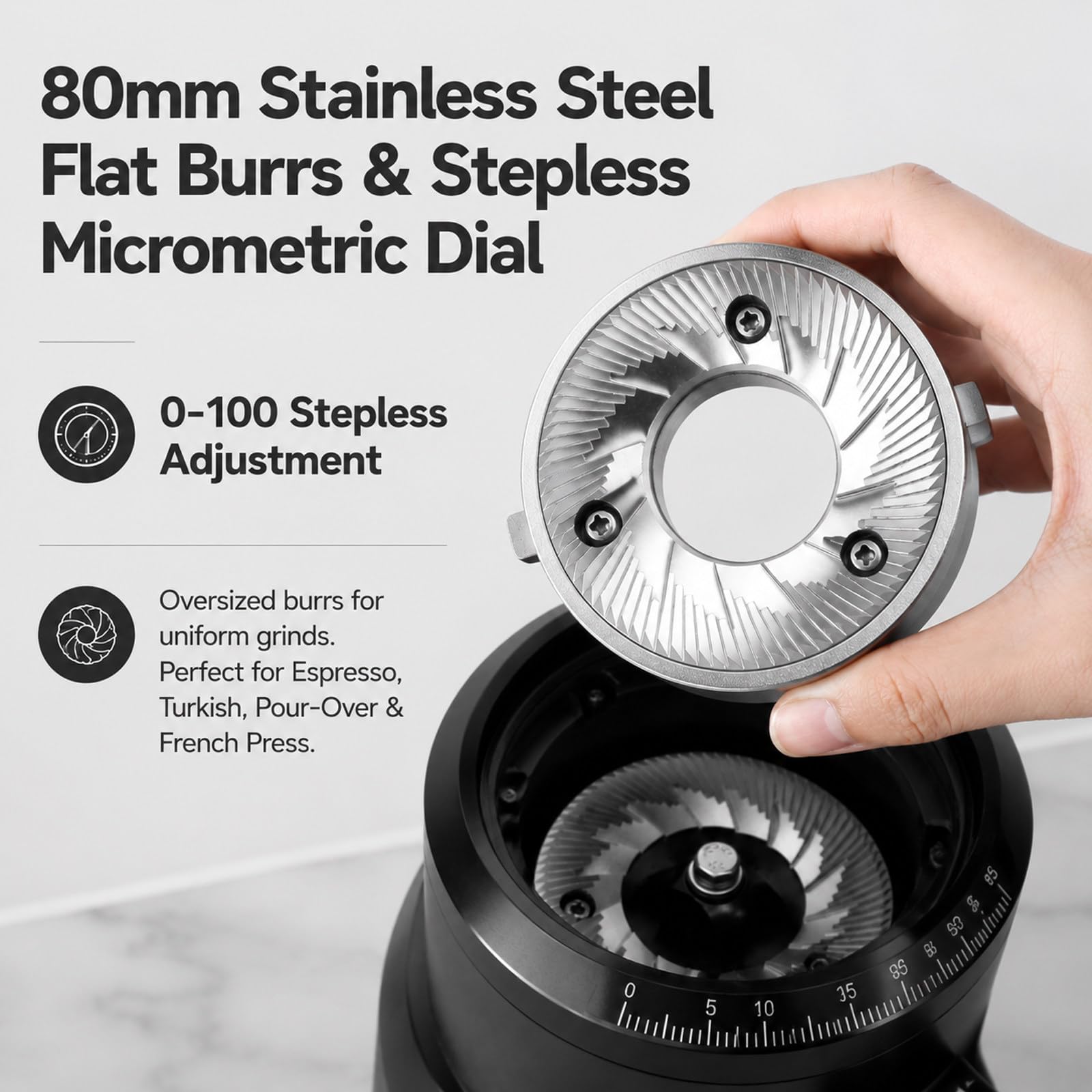 Młynek burr single dose elektryczny espresso – 80mm płaskie żarna, mikroregulacja, niska retencja, szybkie czyszczenie, metal, French press & dom Silver