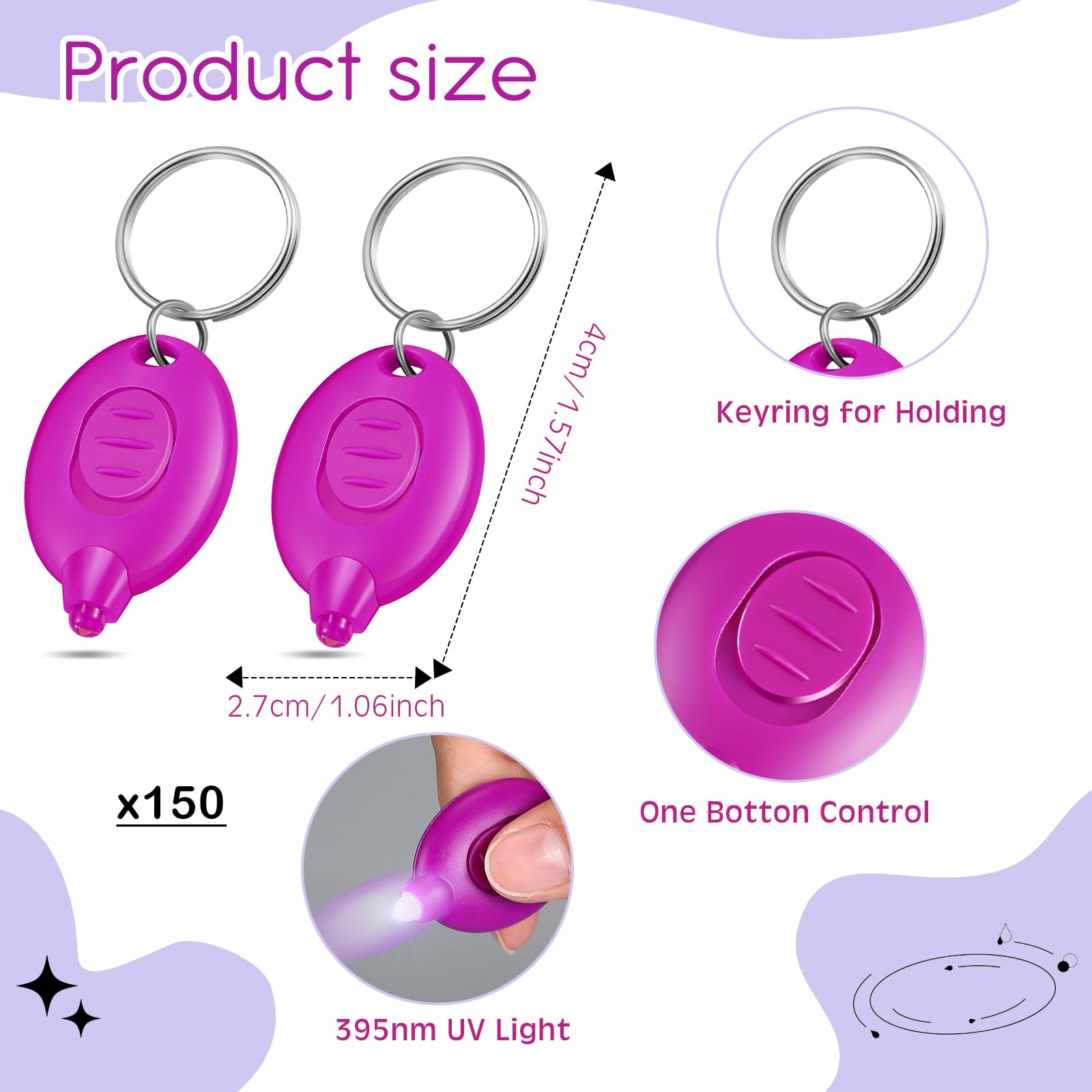 VIHOSE 150 mini linterna LED UV de 395 nm, luz UV, llavero de luz negra, llavero portátil UV para orina de mascotas, pasaporte, tarjeta de identificación y moneda luz UV con carcasa morada