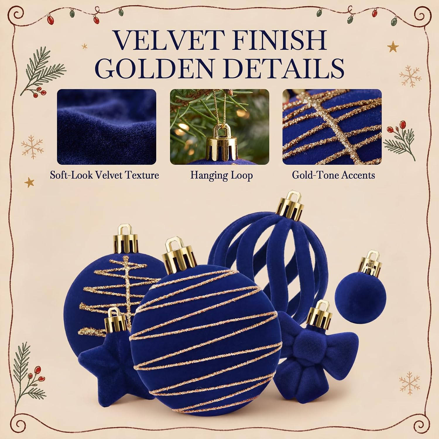 35pcs Navy Blue Velvet Christmas Ball Ornaments Xmas Tree Decor