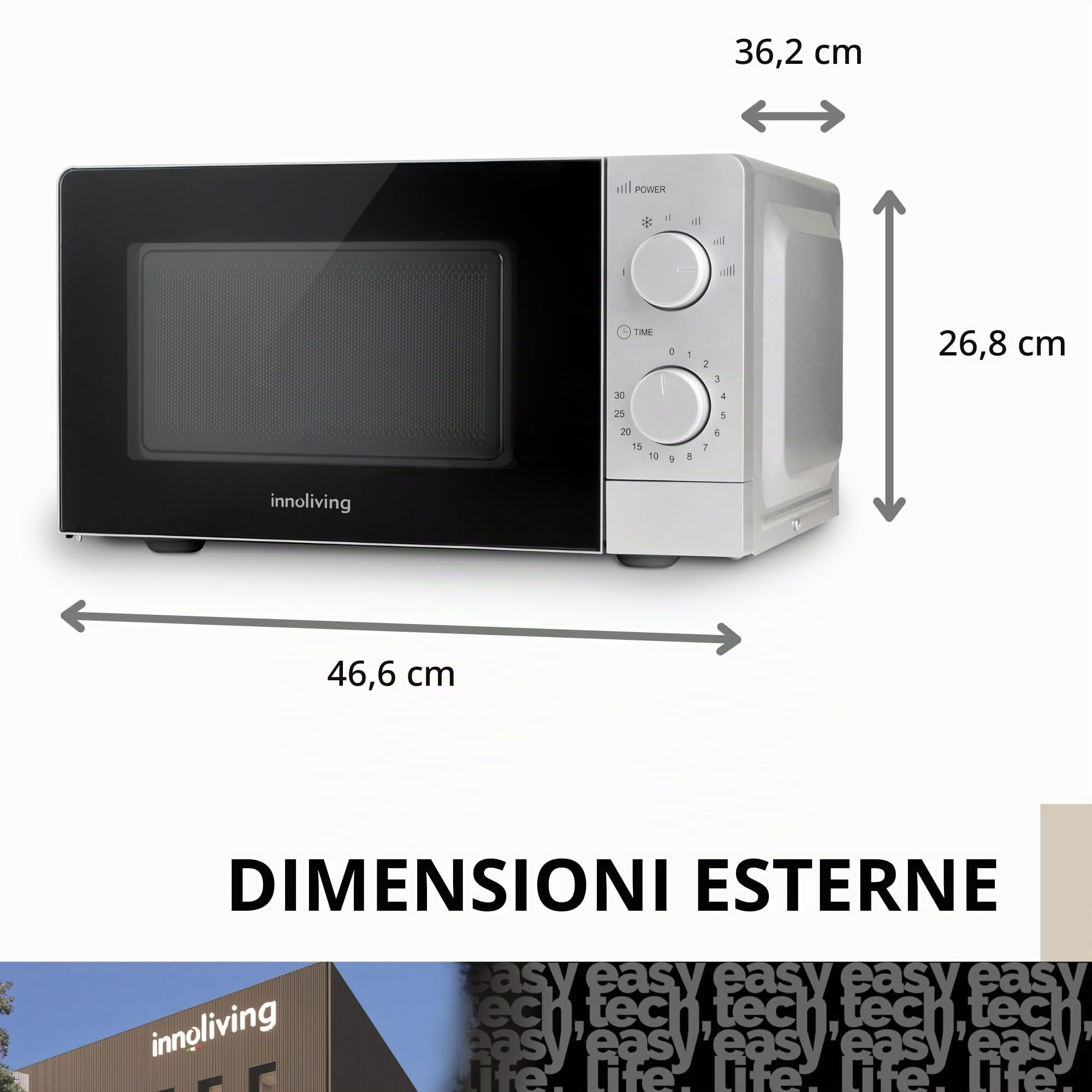 Innoliving Forno a Microonde INN-860 da 20L, 700W, Design Compatto con Funzione Scongelamento e Timer, Facile da Usare, Perfetto per Cucine di Piccole Dimensioni, Design Moderno