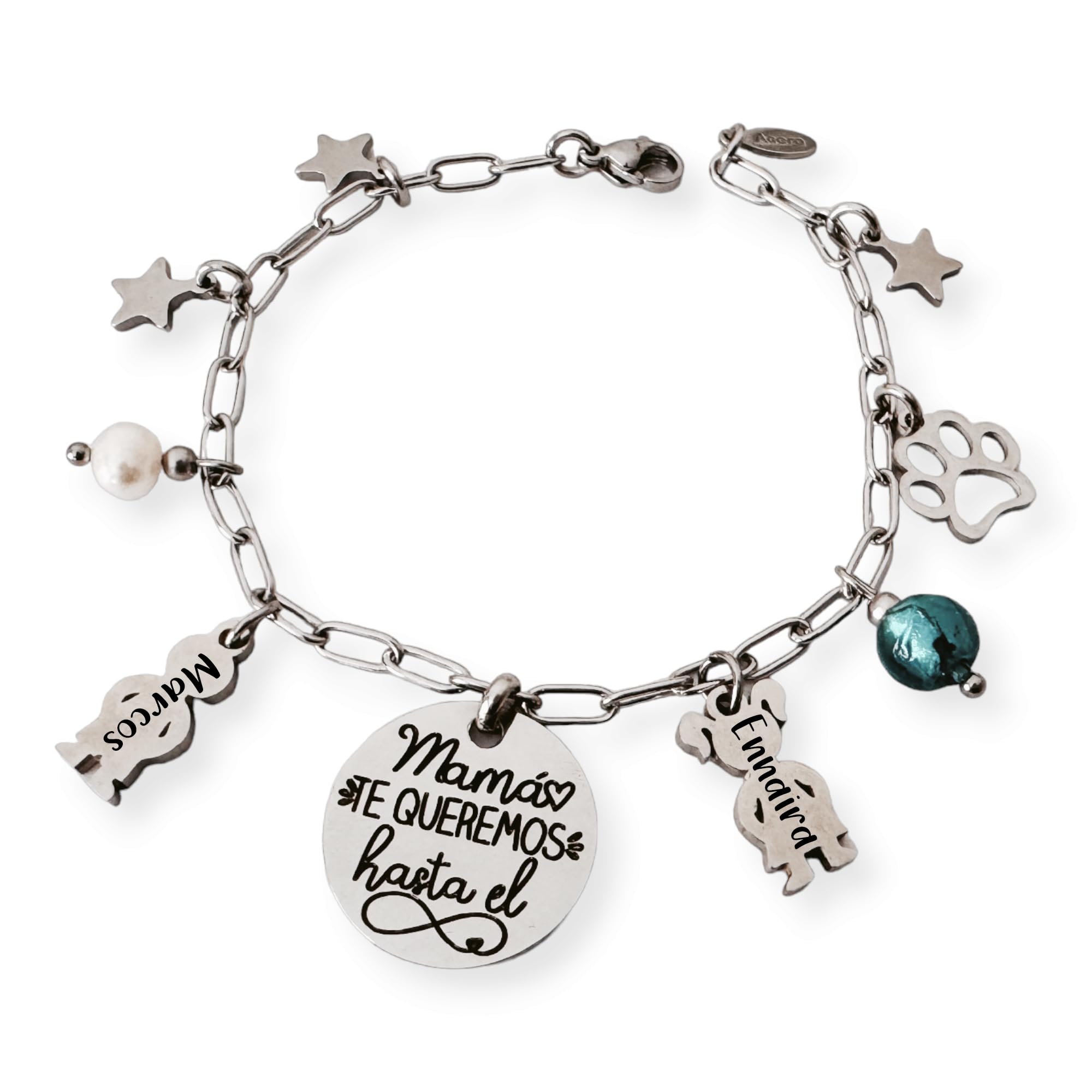 Pulsera modelo CUQUI, personalizable con los nombres de los niños y adornos, acero inoxidable, ajustable. Regalos día de la madre.