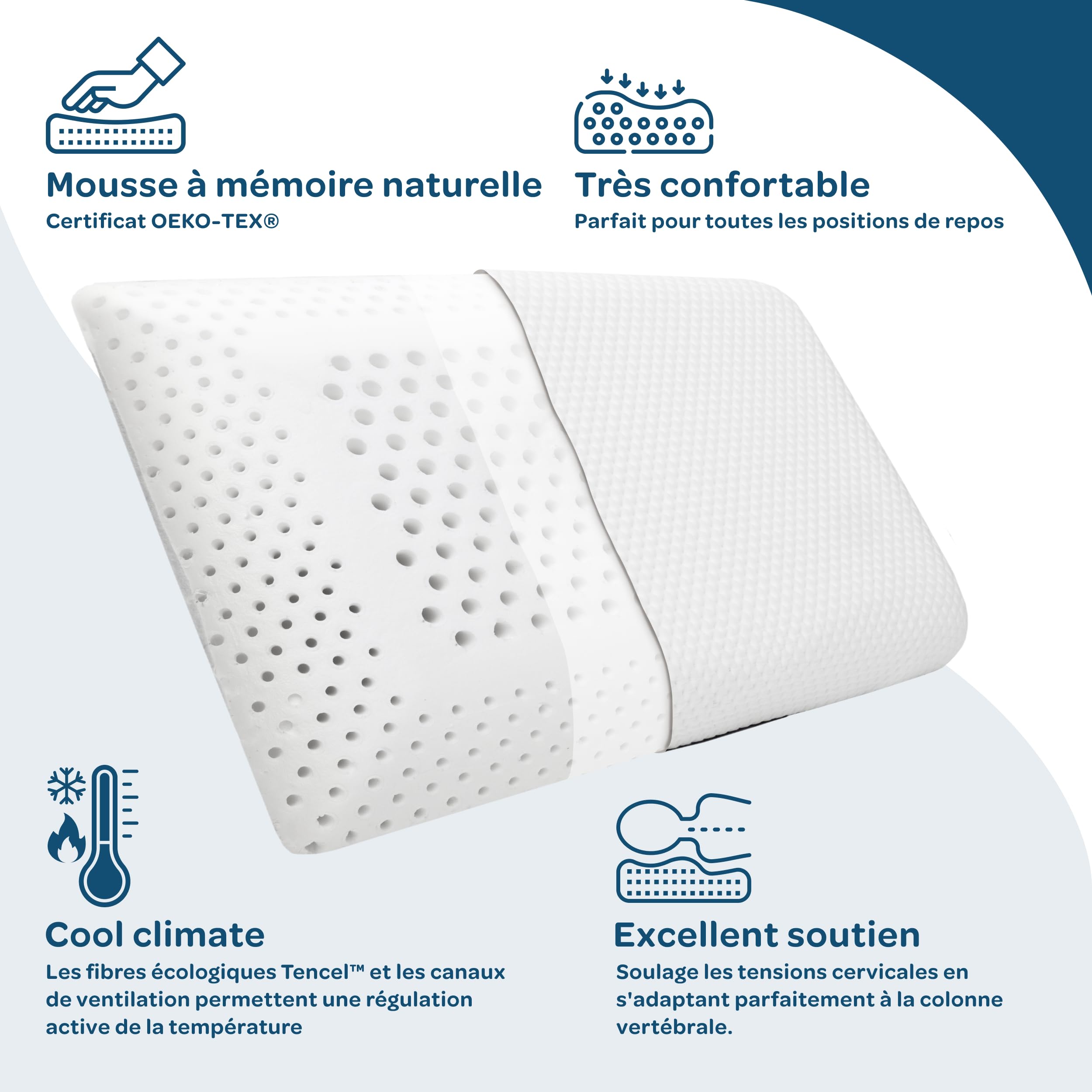 DOLCI SOGNI - Oreiller Memoire Forme Ergonomique 70x40x12 avec Fibre Tencel – Oreiller Doux et Respirant pour Le Cou, Le Dos et Les Épaules – Support Cervical et Confort Durable – Certifié Oeko-TEX