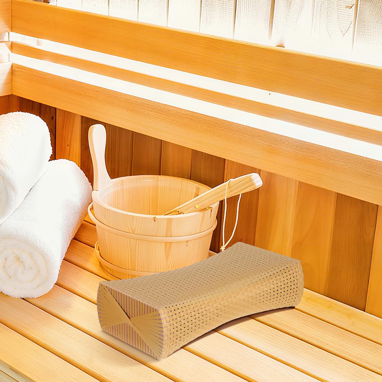 iplusmile Almohada de sauna, almohada de sauna de ratán simulado, almohada de descanso para el cuello, accesorios de sauna, reposacabezas para relajarse en casa, gimnasio, saunas, spa, spas, salas de