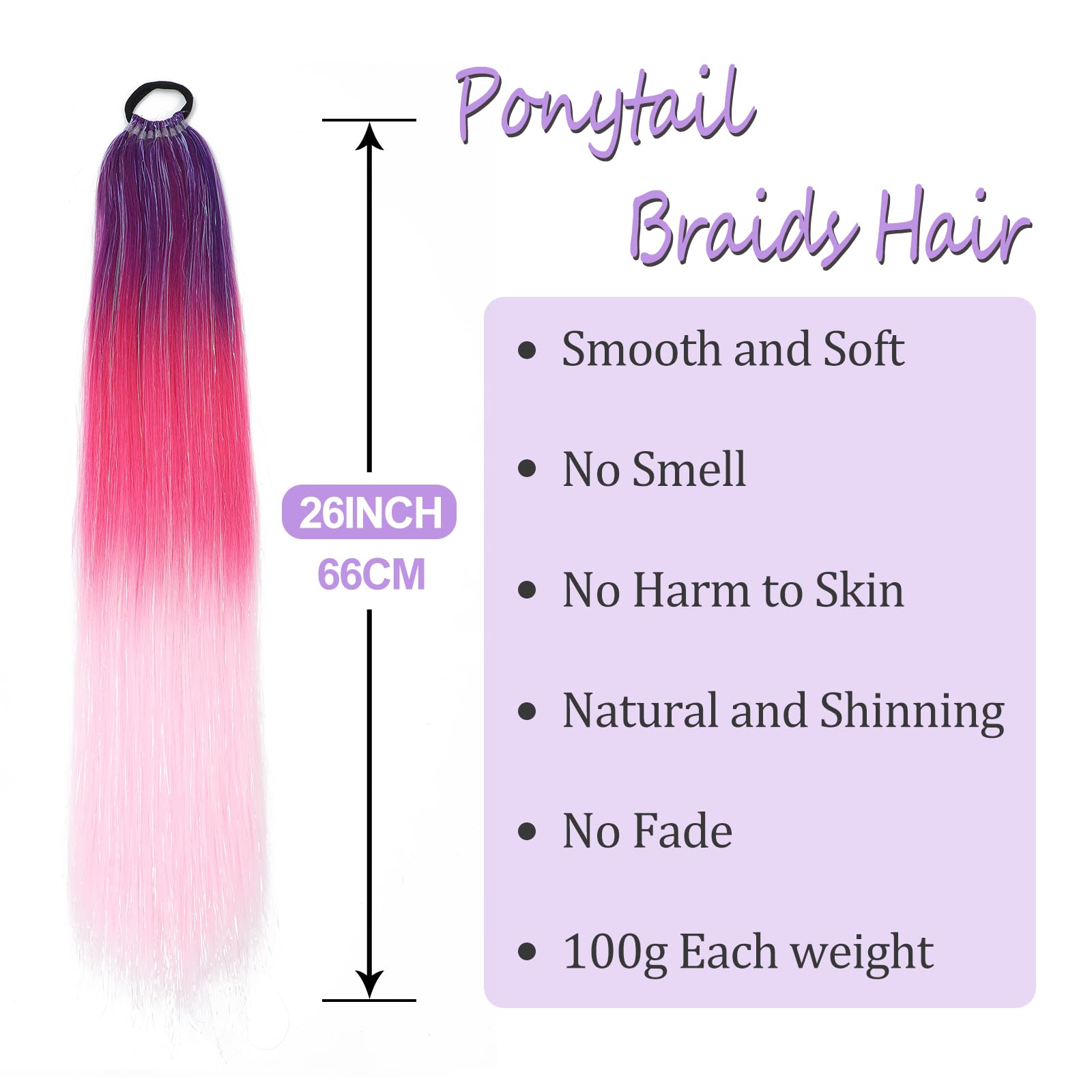 1 Packs 26 Inch Rainbow Ponytail Hair Extensions with Tinsel Hair for Jumbo Braiding Hair Extensions Soft Yaki Straight Synthetic Hair Glitter Ponytail for Girls DIY Box Braids (purple-rose-pink) - Image 2