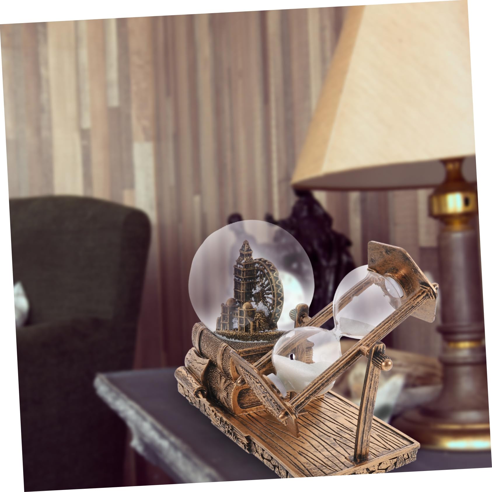 Vintage Tischdekoration Sanduhr Ornament aus Kunstharz mit Kristallkugel LED Licht Musikbox für Wohnzimmertisch Kreative Handgefertigte Wohnaccessoires