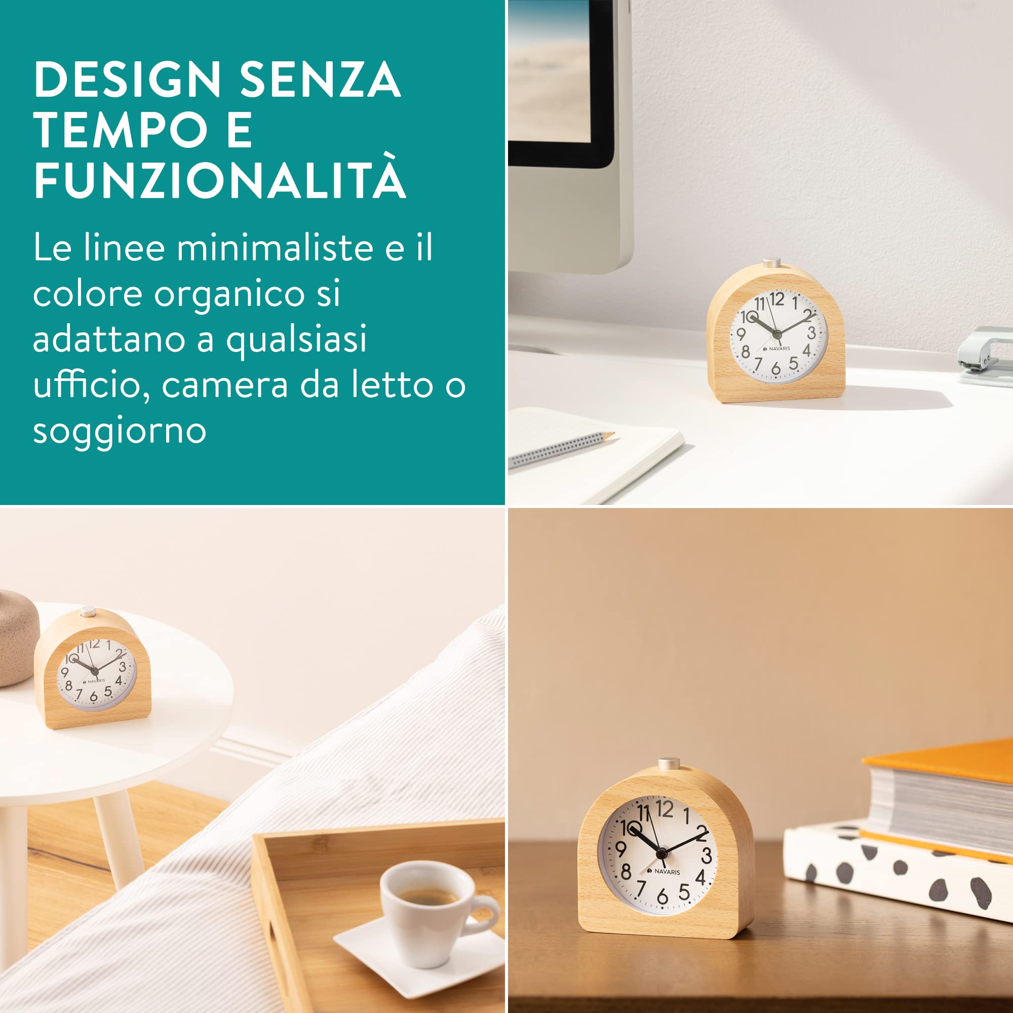 Navaris Orologio Sveglia da Comodino Analogica - Sveglia Analogica Silenziosa in Legno - Orologio da Tavolo Analogico Vintage - Sveglietta Comodino Meccanica con Funzione Snooze - Marrone Chiaro