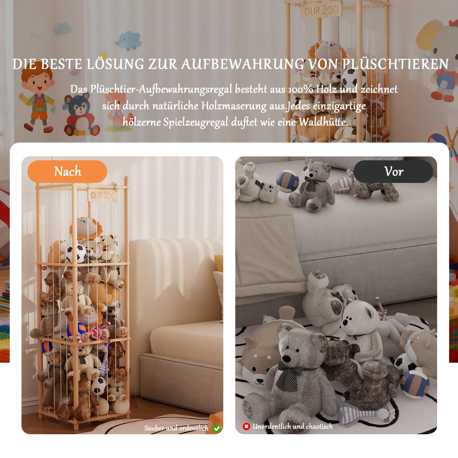 Kuscheltier Aufbewahrung mit Netz, Stofftiere & Plüschspielzeug Massivholz Organizer, Großes Fassungsvermögen Aufbewahrungsregal für Kinderzimmer, Wohnzimmer & Schlafzimmer 137x40x40cm