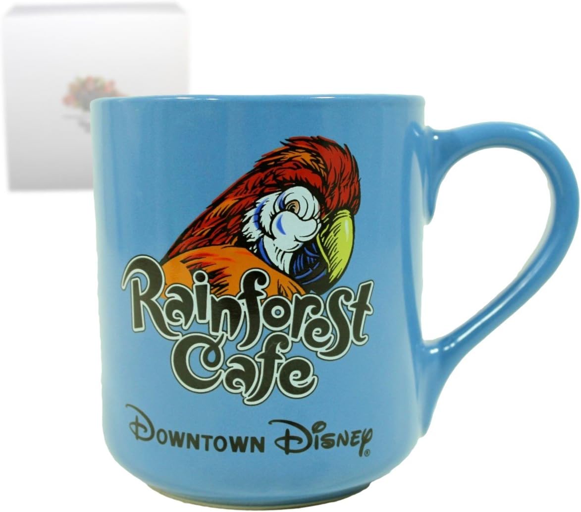 DOWNTOWN DISNEY Rainforest Cafe Blue Mug With Parrot Log
