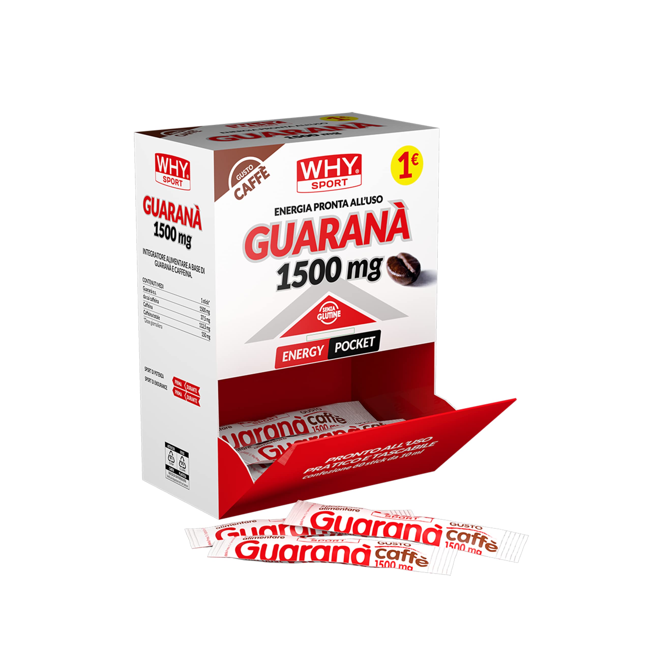WHY SPORT GUARANÀ 1500 MG - Integratore Alimentare a Base di Guaranà e Caffeina - Gusto Caffè - 60 Sticks da 10 ml ciascuno