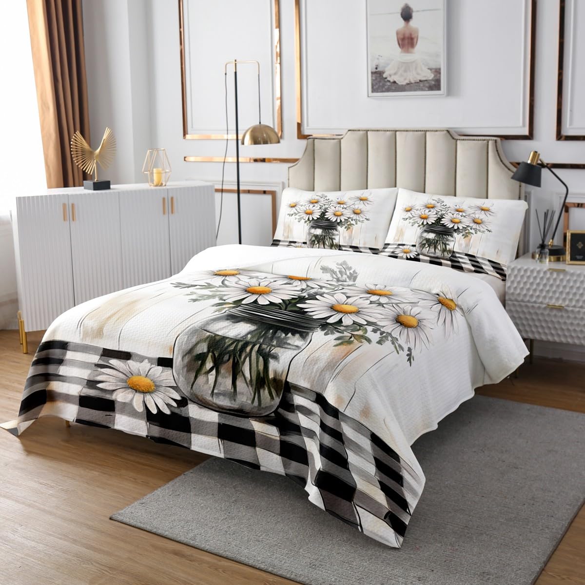 Daisy Flowers Bedspread Set Queen Size for Kids,Boys Girls White and Yellow Quilt Set Rustic Farmhouse Bedspread Coverlet Wood Panels Bedspread 3 Piece Decorative Bedding Quilted with 2 Pillow Shams