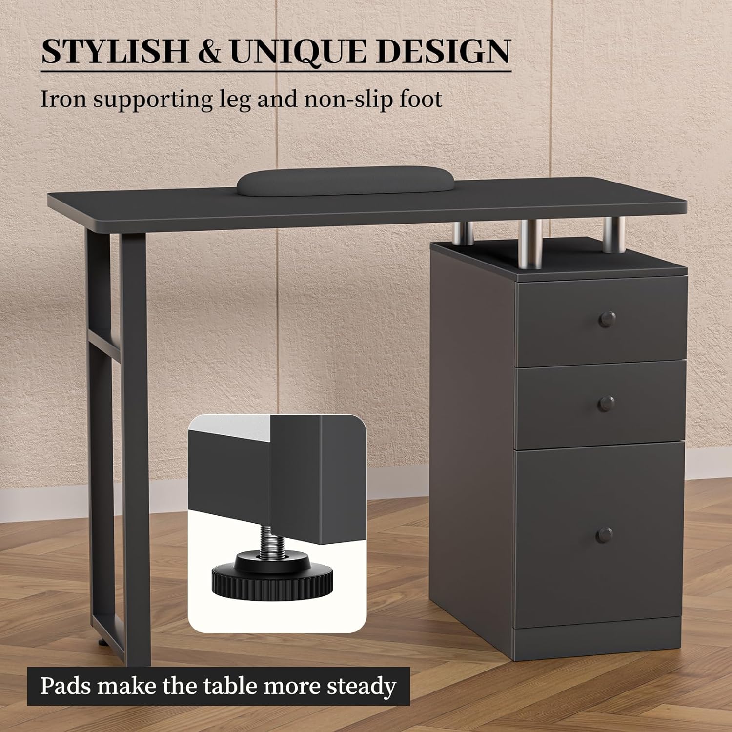 Black Nail Desk for Nail tech, Beauty Salon Manicure Table, Acetone Resistant Nail Station with Wrist Cushion, Storage Drawers, and Cabinets, for Beauty, Salon, Spa Makeup (Black-03)