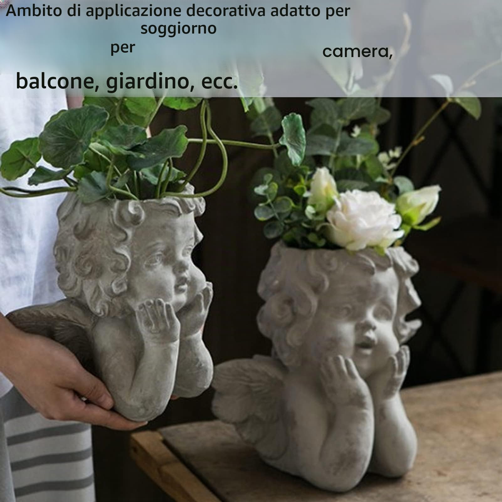 HERCHR Vaso a Forma di Testa d'Angelo, Elegante vaso da fiori in cemento per piante grasse, piante finte, Soprammobile Vintage Dipinto a Mano