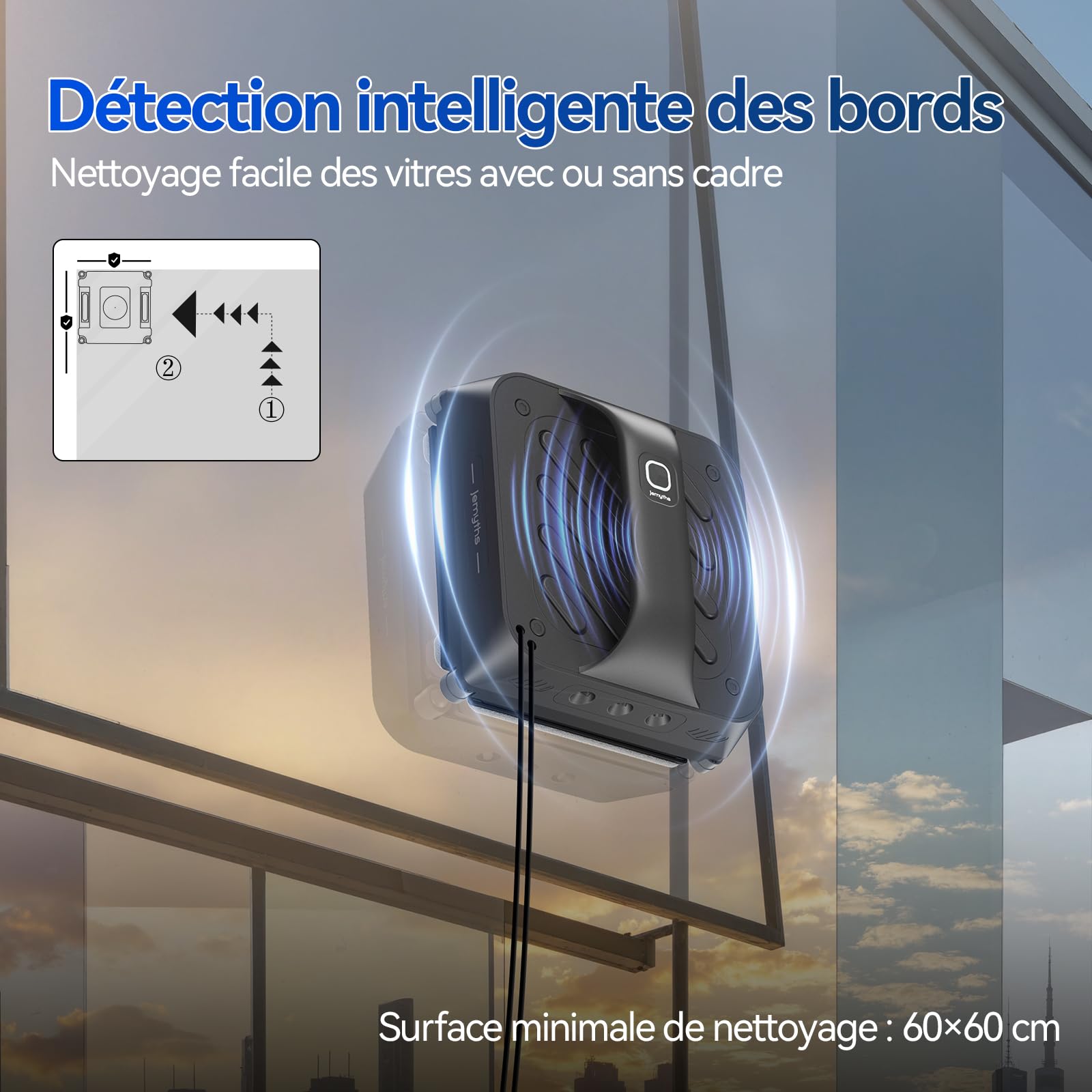 Robot de nettoyage de fenêtres avec 6 buses d'eau, 8000 Pa Robot de nettoyage des fenêtres avec différents modes de nettoyage, commutateur de langue annoncée, manipulation facile pour fenêtres